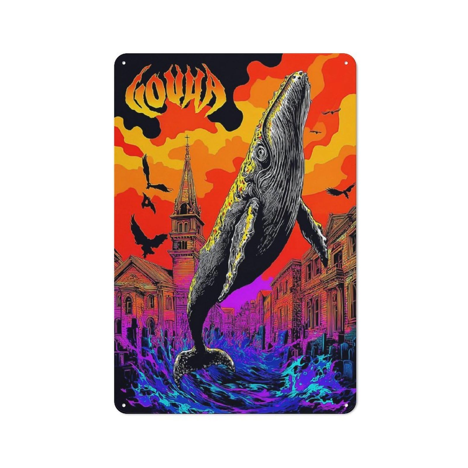 Junmoney Whale In The City A Surreal Tale Tin Wall Plaque With Design 30X20cm, Country Vintage Cottage Wall Art For Kitchen, Cottage, Porch Or Garden Room