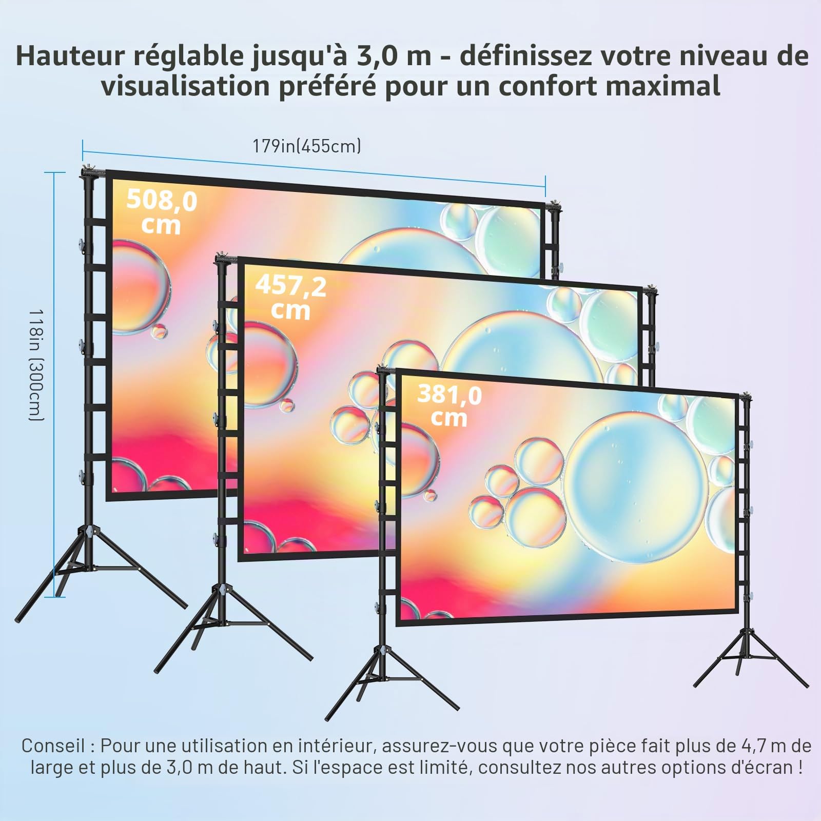Écran de Projection 200 Pouces avec Support: Écran de Projection Portable Grande Taille pour Extérieur,Toile Frontale/Rear Projection Intérieur, sans Plis & Sac de Transport pour Cinéma Jardin