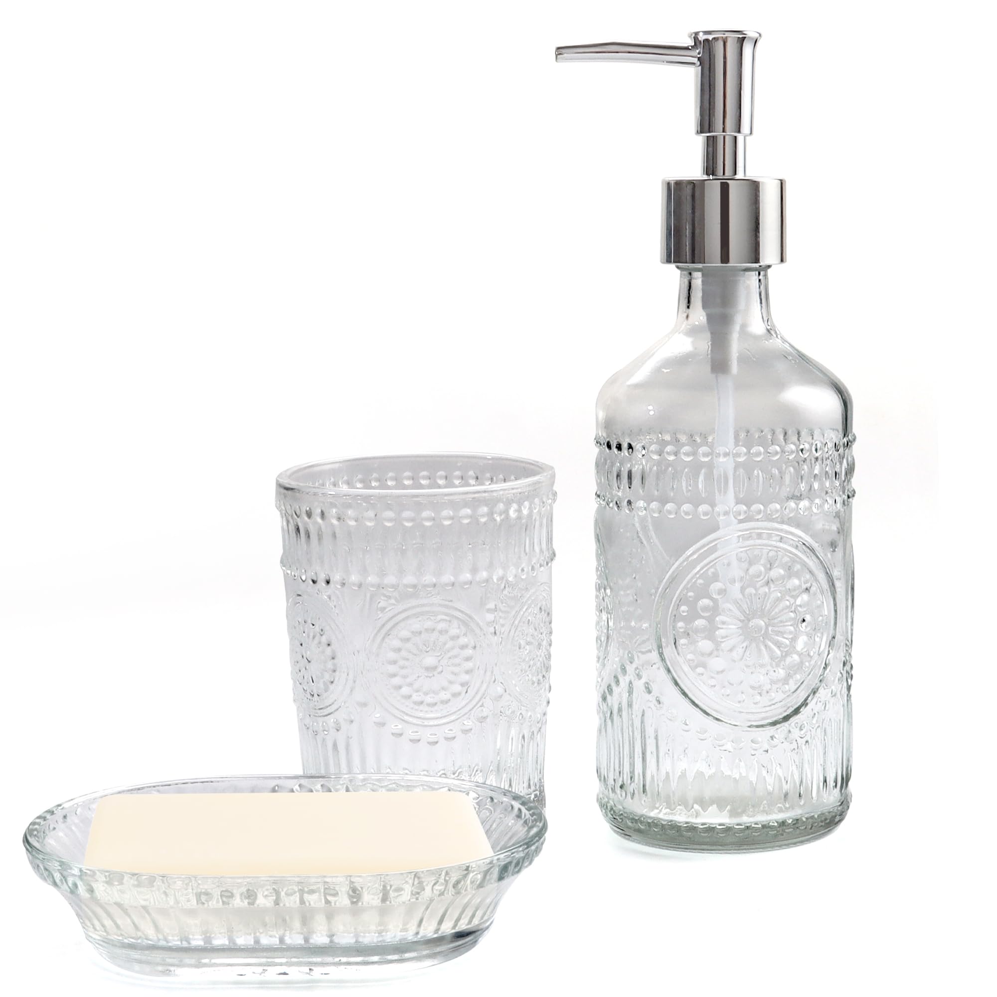 FEILANDUO Set di 3 accessori da bagno in vetro, dispenser per lozione e sapone, portaspazzolino da denti, portasapone, decorazione moderna per bancone del bagno per la casa