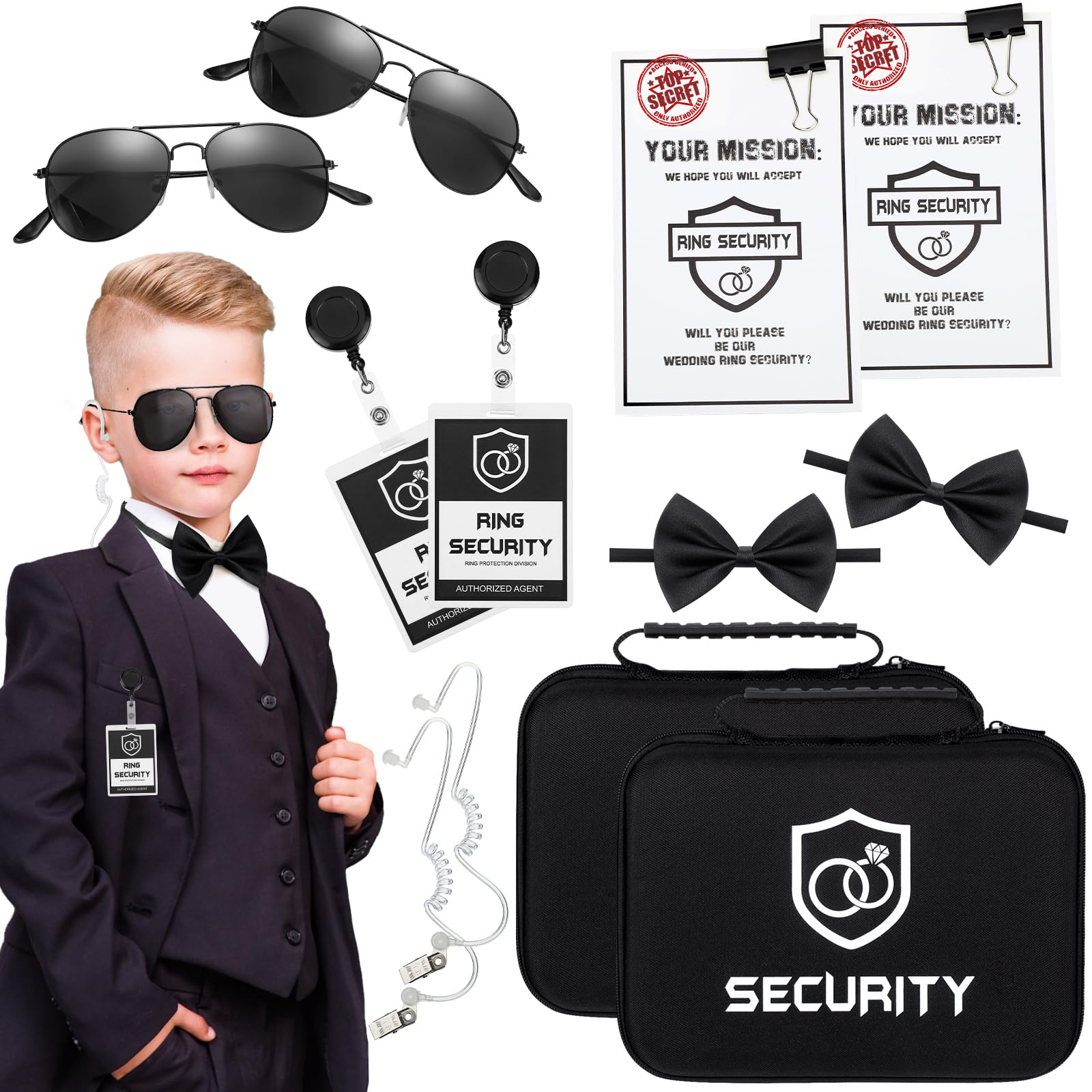 14 Pcs Ring Wedding Security Set Include Ring Bearer Box ID Badge Holder Ring Bearer Sunglass Acoustic Earpiece Tube Mission Card with Binder Clip Bow Tie for Kids (Trendy Style)