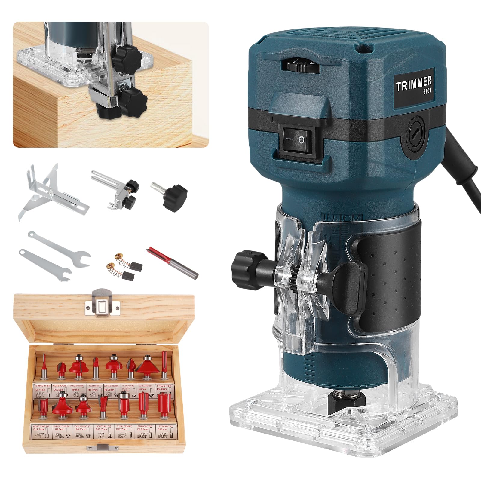 Fresadora Madera Fresadora Rebajadora Eléctrica 800W, 6 Velocidades 10000-30000 RPM, Fresadora de Mano con 15 Piezas Fresas 1/4" y Caja de Madera, Pinza 6.35mm Enchufe UE Azul para Carpintería