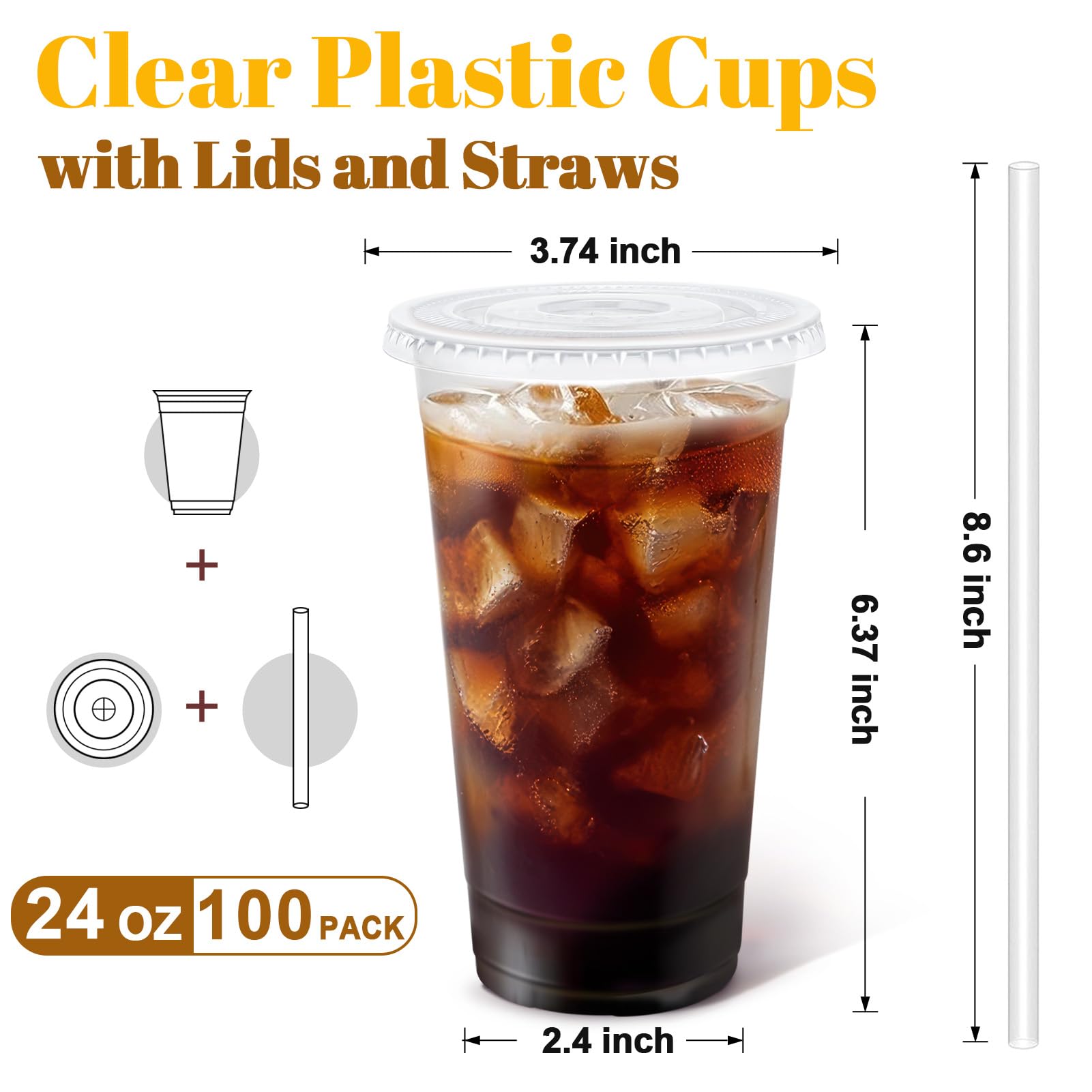 Clawsoff 100 Pack 24 oz Clear Plastic Cups with Lids and Straws Disposable — Amazon image 2