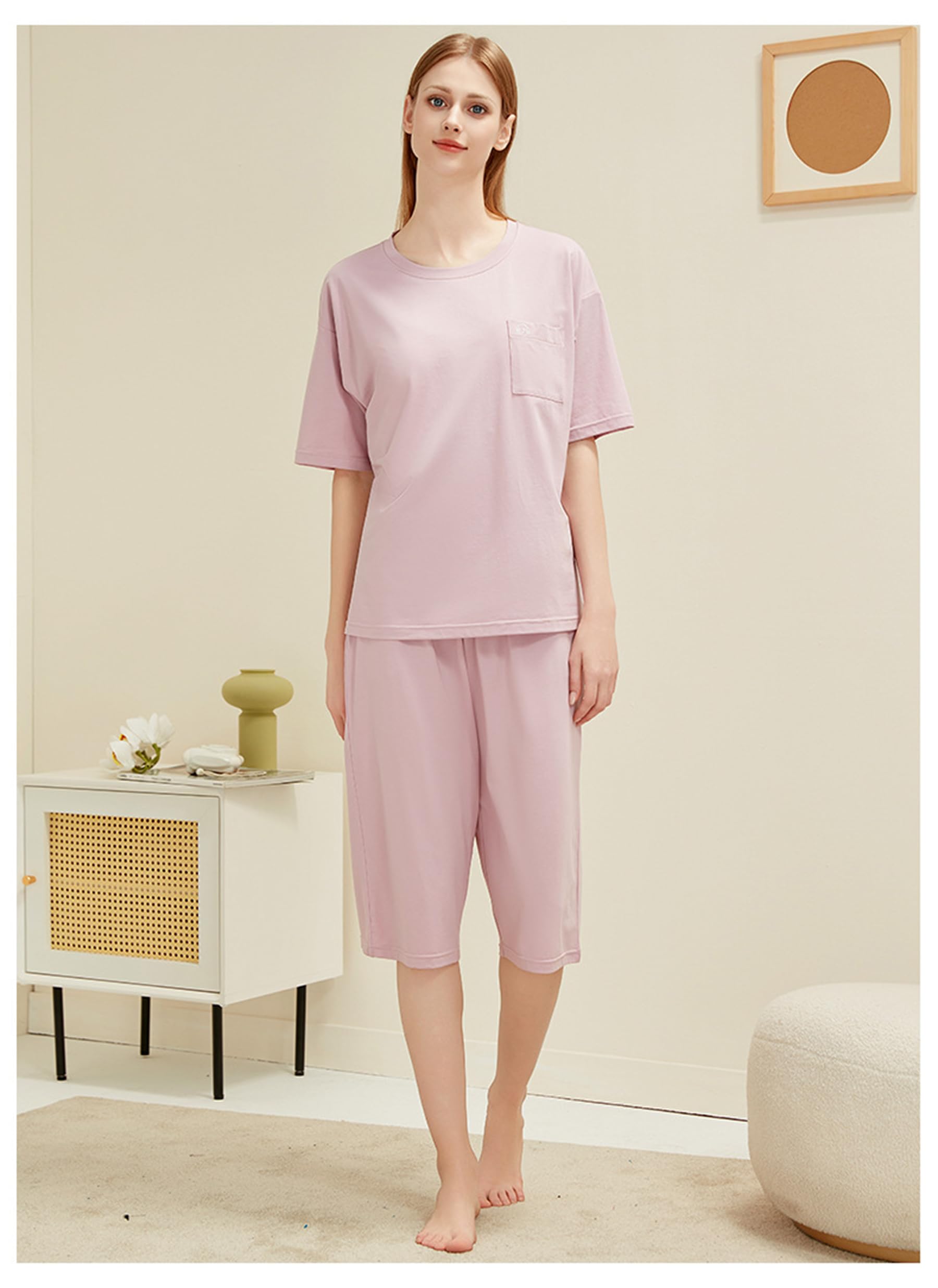Generic Damska 2-częściowa piżama letnia modalna bawełniana piżama okrągły dekolt z gorsetem z krótkim rękawem,Lotus root pink,L
