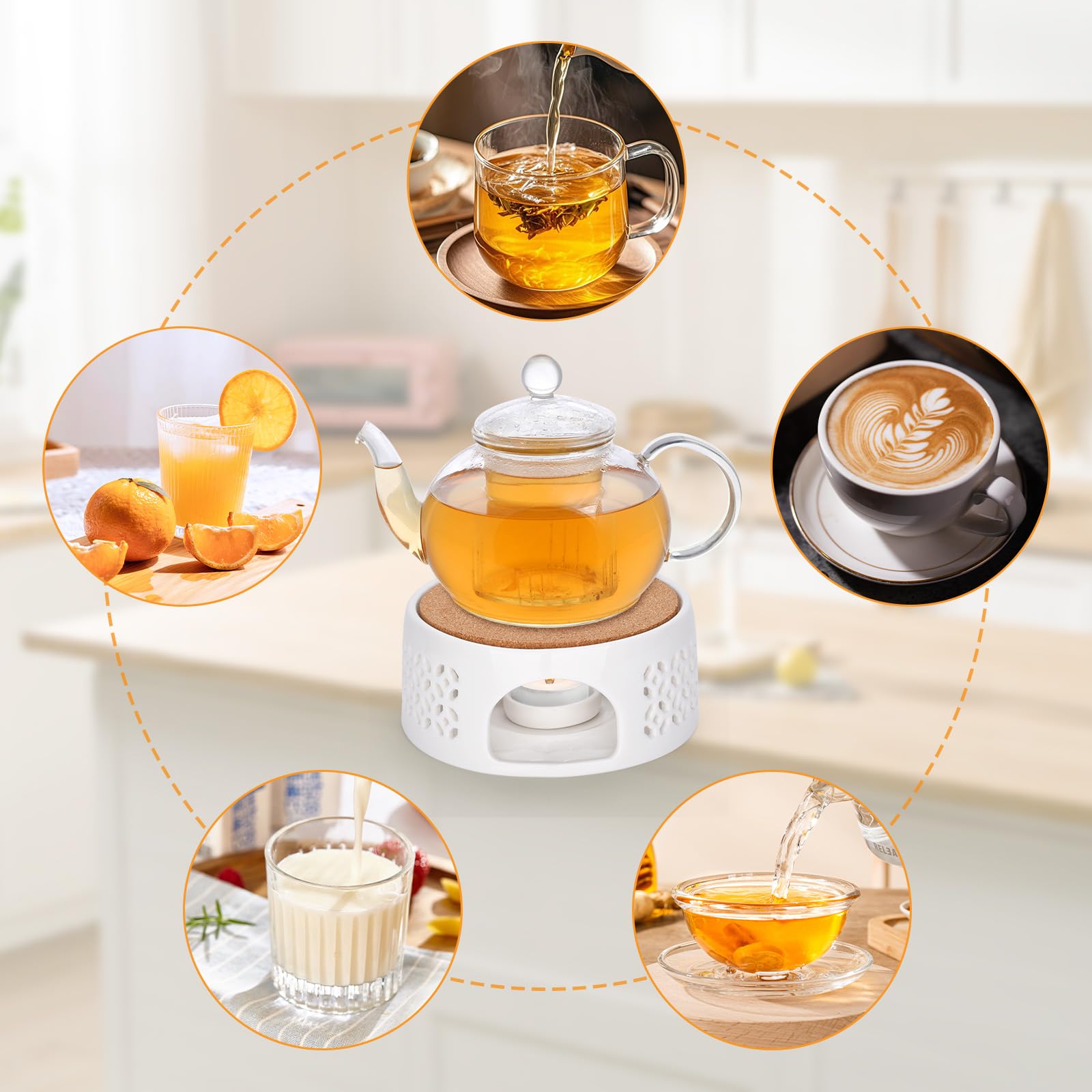Calentador de Té de Cerámica con Portavelas, Diseño Hueco Tallado, Base para Mantener Caliente Té, Café y Leche