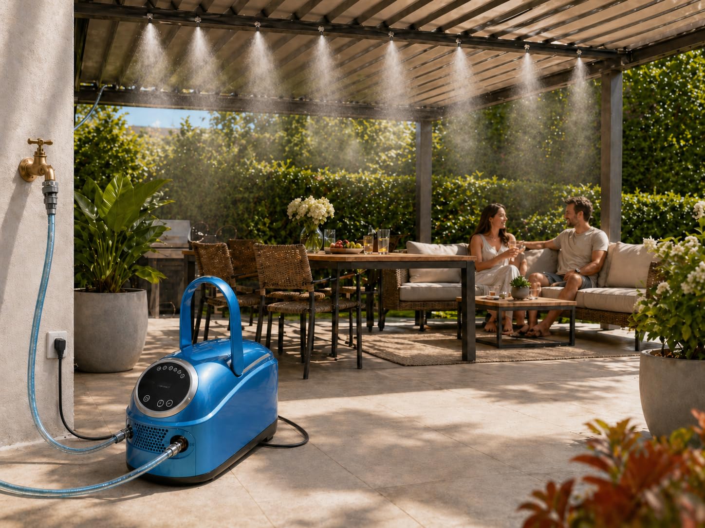 O'FRESH Sprühnebel Terrasse Hochdruck 14 Düsen, 20m - 60 bar - Kapazität: 40 m² - Wehrt Mücken und Schädlinge ab - Hochdrucknebelgerät