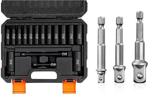 BOEN Juego de 19 piezas, incluye juego de llaves métricas de impacto profundo de 3/8 pulgadas, 1/4 pulgadas, 3/8 pulgadas, 1/2 pulgadas, juego de