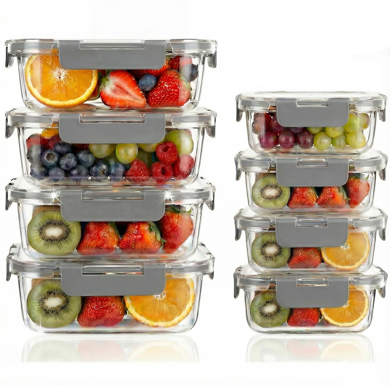 Set di 8 contenitori per alimenti in vetro borosilicato con coperchio, senza BPA, adatti per forno a microonde, lavastoviglie e congelatore (370 ml e 1040 ml) per meal prep e conservazione