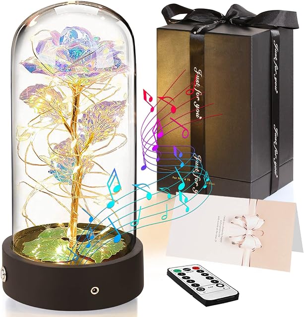 Birthday Gifts for Her, Beauty and the Beast Colorful Rose Music box, Eternal Rose Flower Gifts for Women Mum Girlfriend Wife with LED Lights, Glass Rose Christmas Anniversary Valentines Day Presents