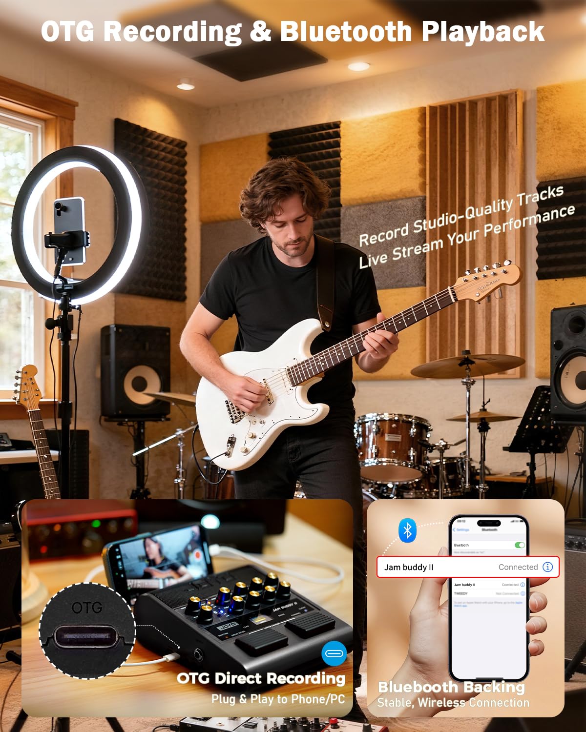JOYO Amplificatore Combo Chitarra 10W Portatile con Pedale Multieffetti - 14 Modelli di Amplificatore, EQ 3 Bande, 36 Ritmi & Looper, Registrazione OTG, Bluetooth (Jam Buddy II, Nero)