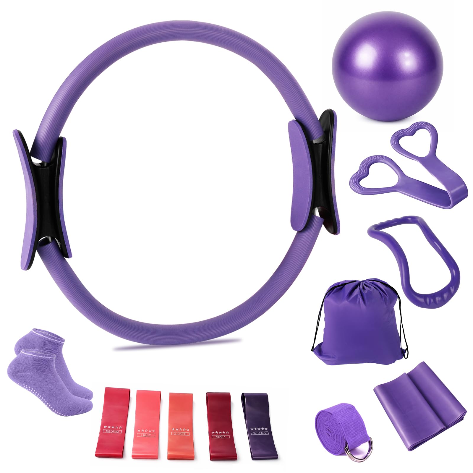 Roadtime Kit Pilates pour la maison, kit débutant de 13 pièces avec balle de yoga de 25 cm, cercle magique de 35 cm, 5 bandes de résistance, chaussettes de yoga, disques glissants, anneau de Pilates