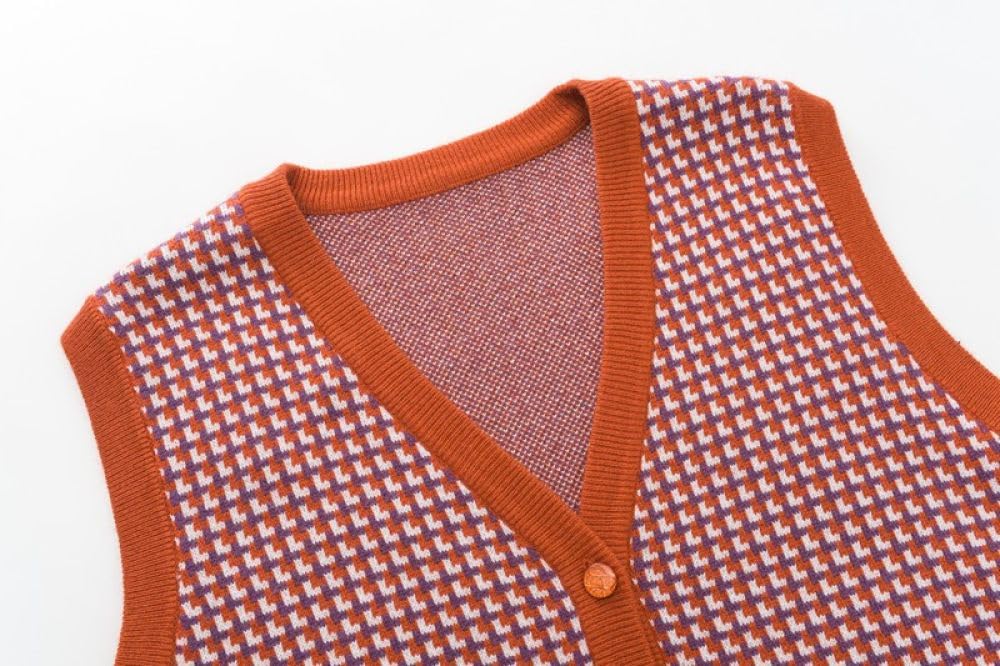 Damen Kaschmirpullover,Ärmellos,V Ausschnitt,Gitter Strickweste,Vintage Orange Strick Cardigan Mit Knöpfen,Westen,Jacke,Tank Top,Lässige Streetwear Westen Mit Tasche
