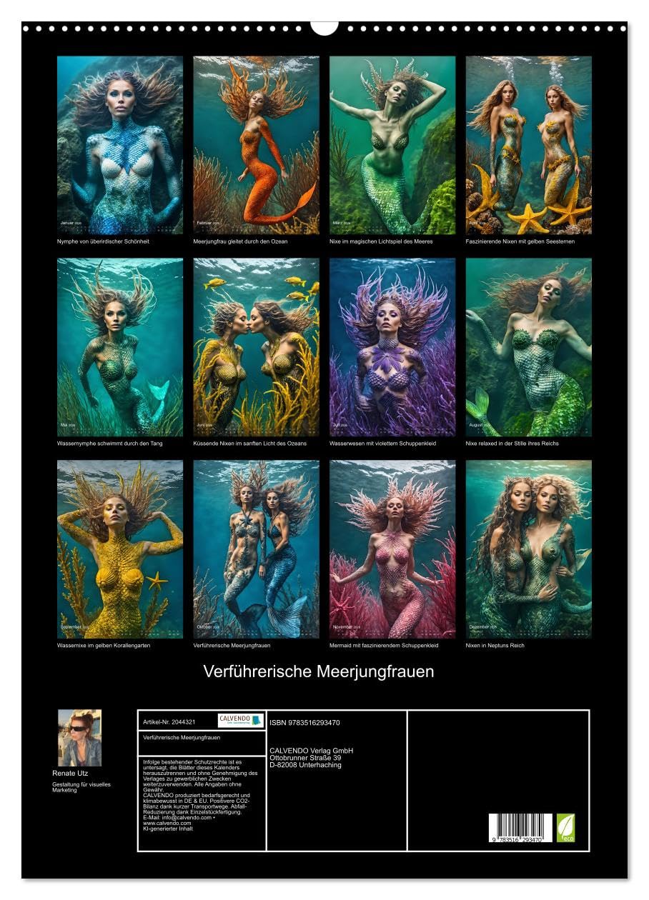 Verführerische Meerjungfrauen (Wandkalender 2026 DIN A2 hoch), CALVENDO Monatskalender: Traumhafte Bilder zauberhafter Wassernixen in einer märchenhaften Unterwasserwelt (CALVENDO Kunst)