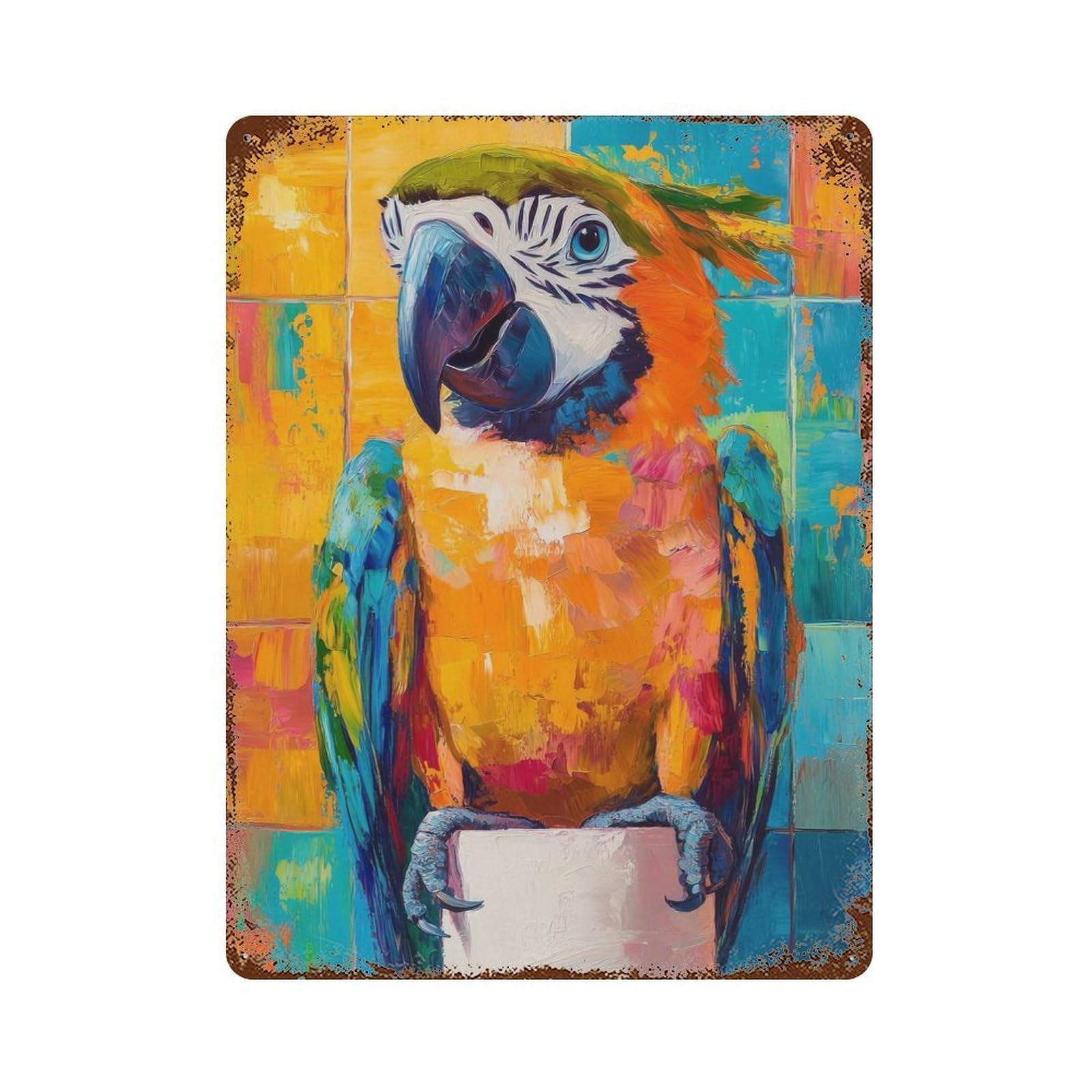Weathered Tin Sign with Colorful Macaw Painting Design 15.7"x11.8", for Basement, Hobby Room And Garage Decor, Industrial Home Decor