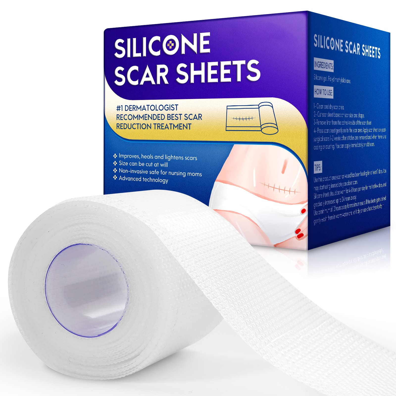 Silicone Scar Sheets (1.6” W x 120” L), Upgrade Clear Silicone Tape, Scar Removal Soft Reusable Painless Scar Strips for C-Section, Burn, Keloid, Acne, Surgical Scars, Make Scar Far Away Body & Face