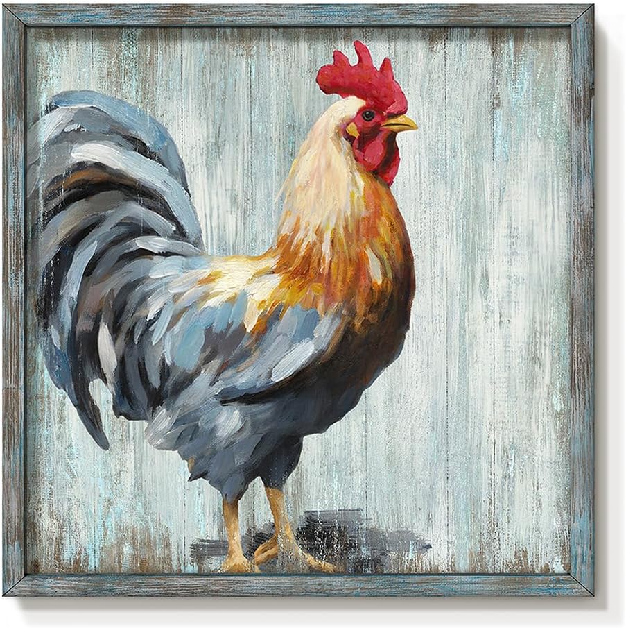 Rooster Wooden Wall Art Decor: Farm Cock Picture Country Animal Framed Artwork Rustic Farmhouse Chicken Painting is the Perfect Combination of Energy Nature for the Kitchen Bedroom 16"x16" rooster wall painting 16'' x 16''