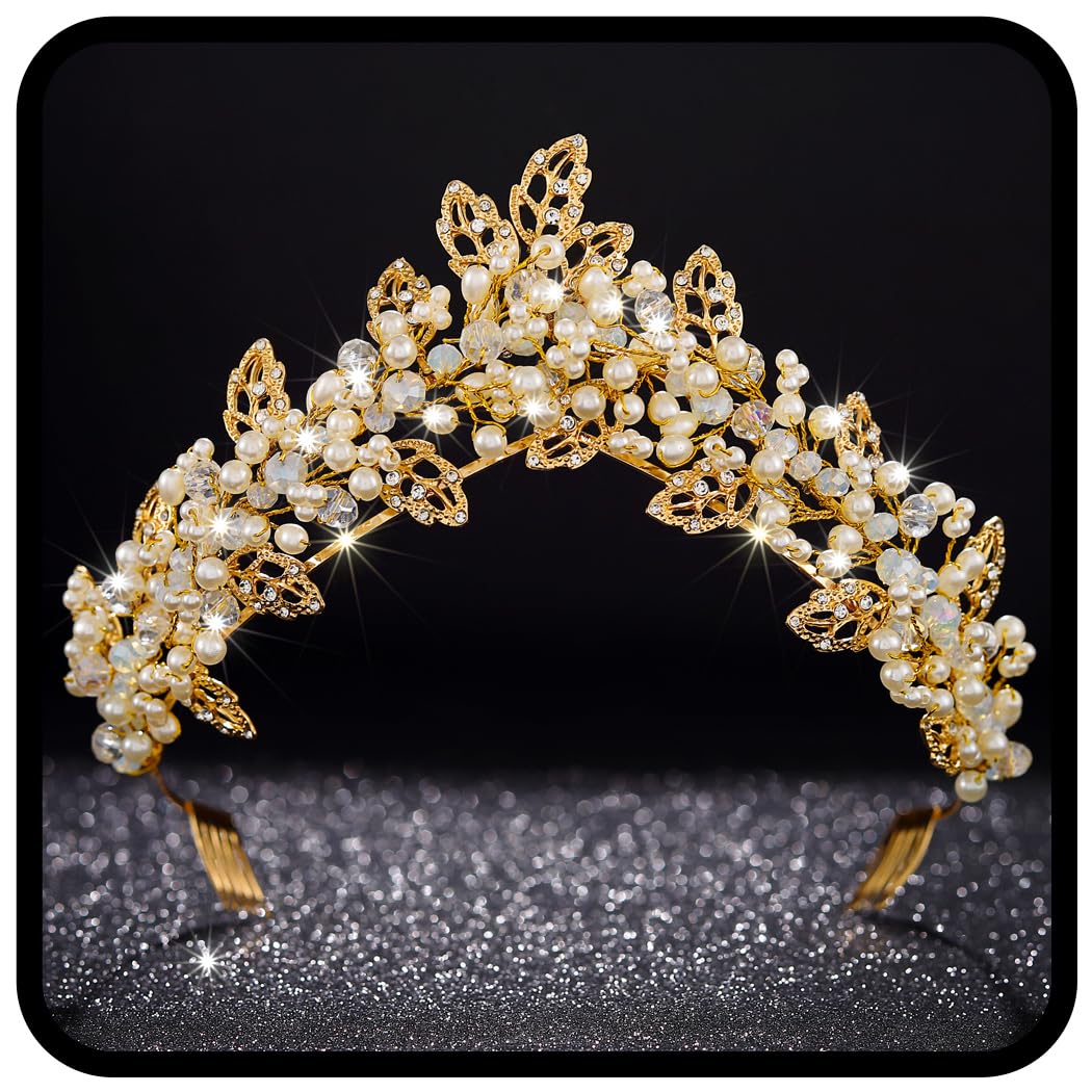 Fashband Coronas y tiaras de boda para novia, corona de perlas de hoja dorada, accesorios para el cabello para mujer