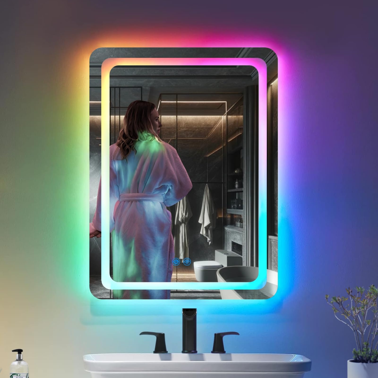 LUXFURNI LED Bathroom Mirror with Lights, RGB Lighted Vanity Mirrors for Bathroom Wall, Backlit and Front Light, Dimmable Touch Screen Mirror Tempered Glass?20x 28Inch