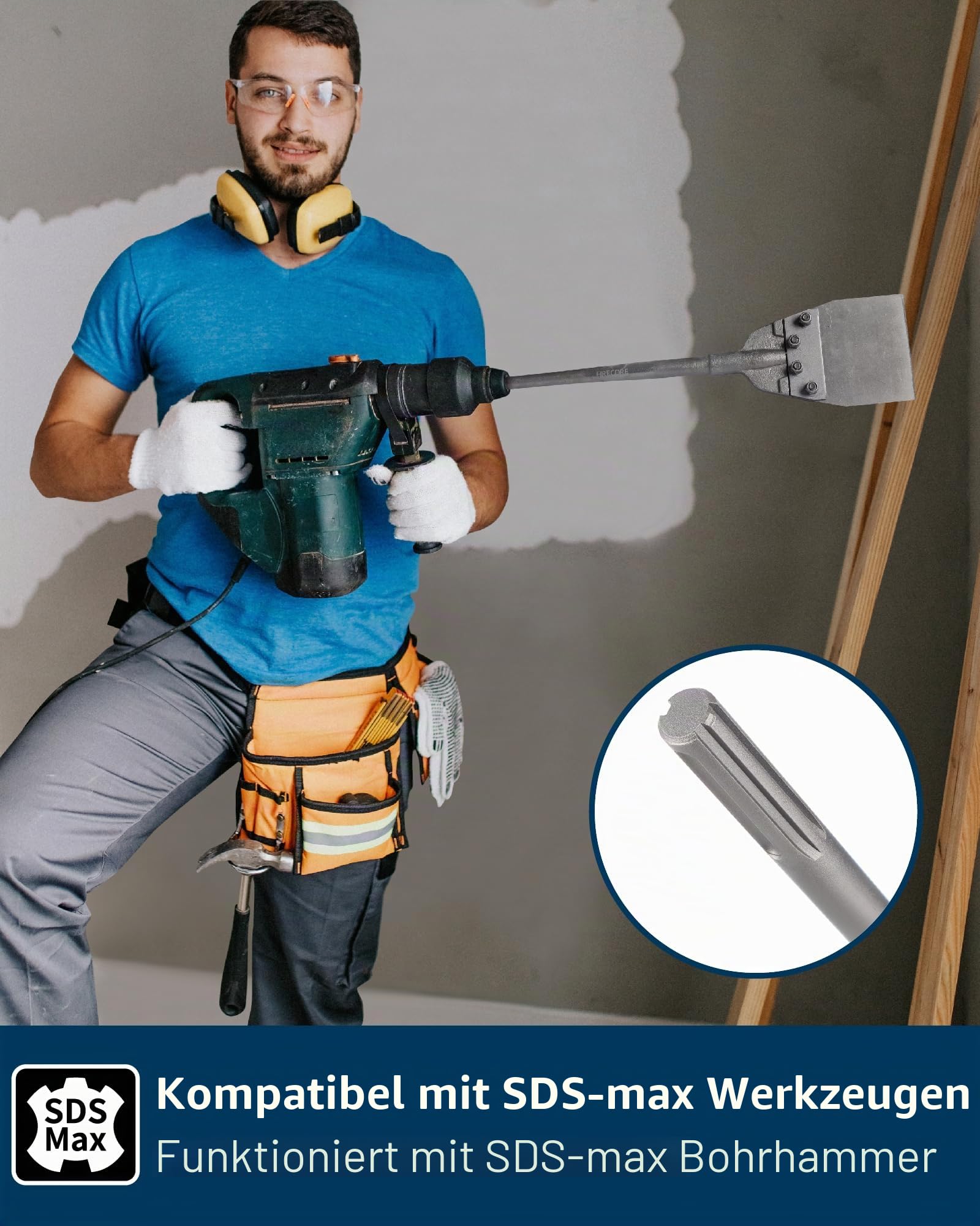 Firecore SDS Max Spachtelmeißel mit Ersatzklingen, Boden-Schaber SDS Max, 635mm×150mm, Spachtel werkzeug für Vinylböden,Böden, Fugenmörtel, Linoleum und Betonmörtel