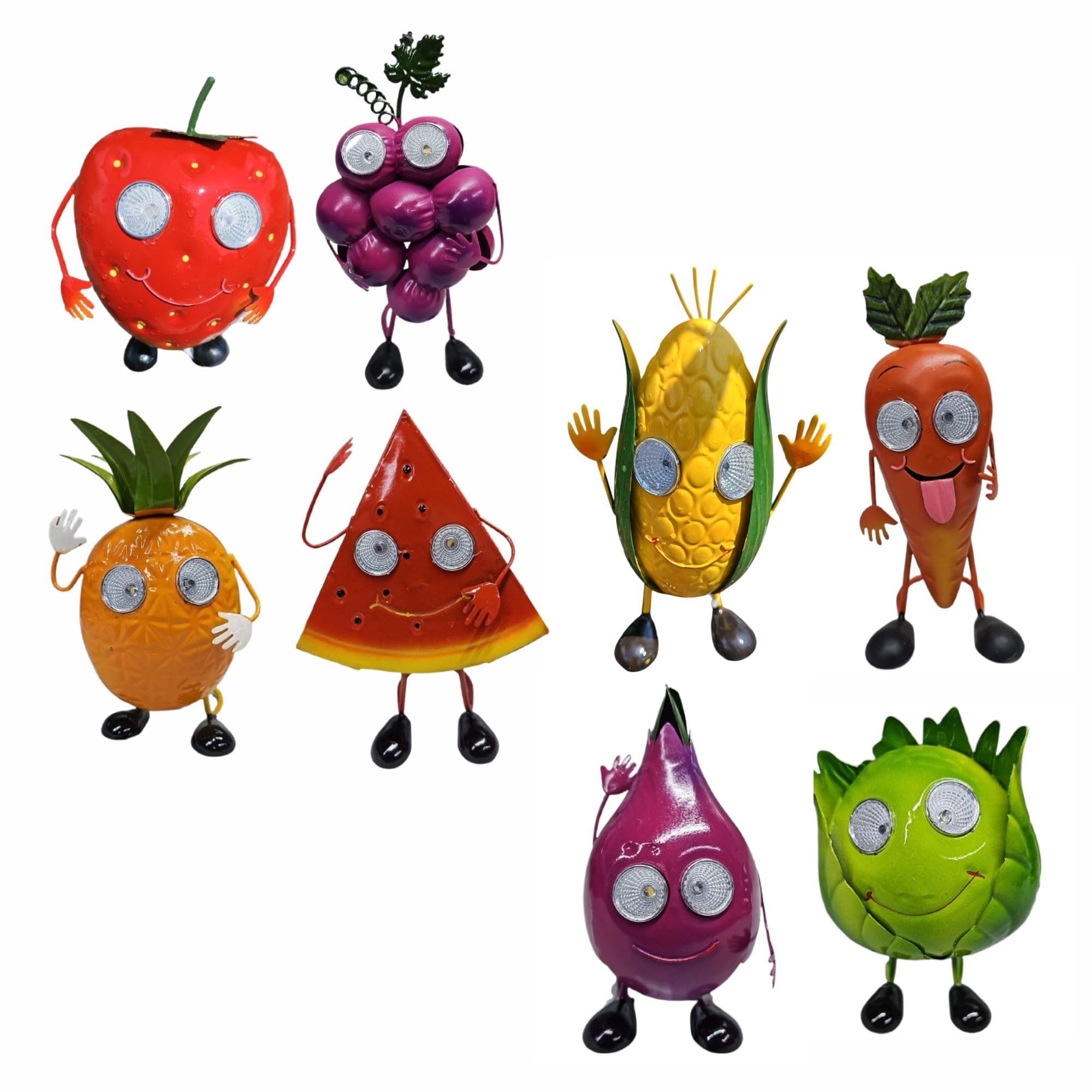 JMS we create smile - 2x Big Eyed Solar Veggie & Fruit Ornaments – Wobbly Eyes Metal Garden Statues with LED Warm Lights | Funny Outdoor Decorations for Garden, Balcony & Yard - (Fruit + Veggie)