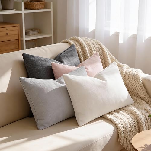 Lunofox White/Grey/Pink 12x20 Pillow Cover Set of 4, Farmhouse Soft Chenille Lum