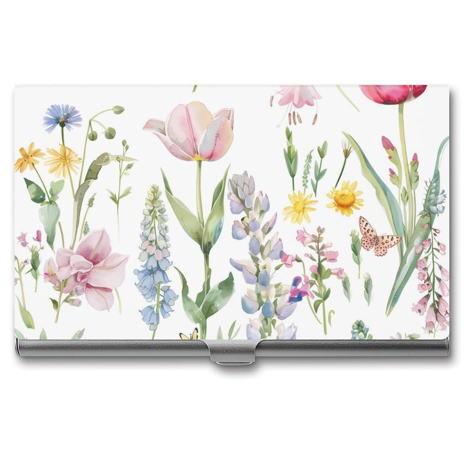 Flowers Tulip Butterflies Slim Business Card Holder Wallet for Men & Women Pocket Metal Case 3.7x2.2x0.3 Inches