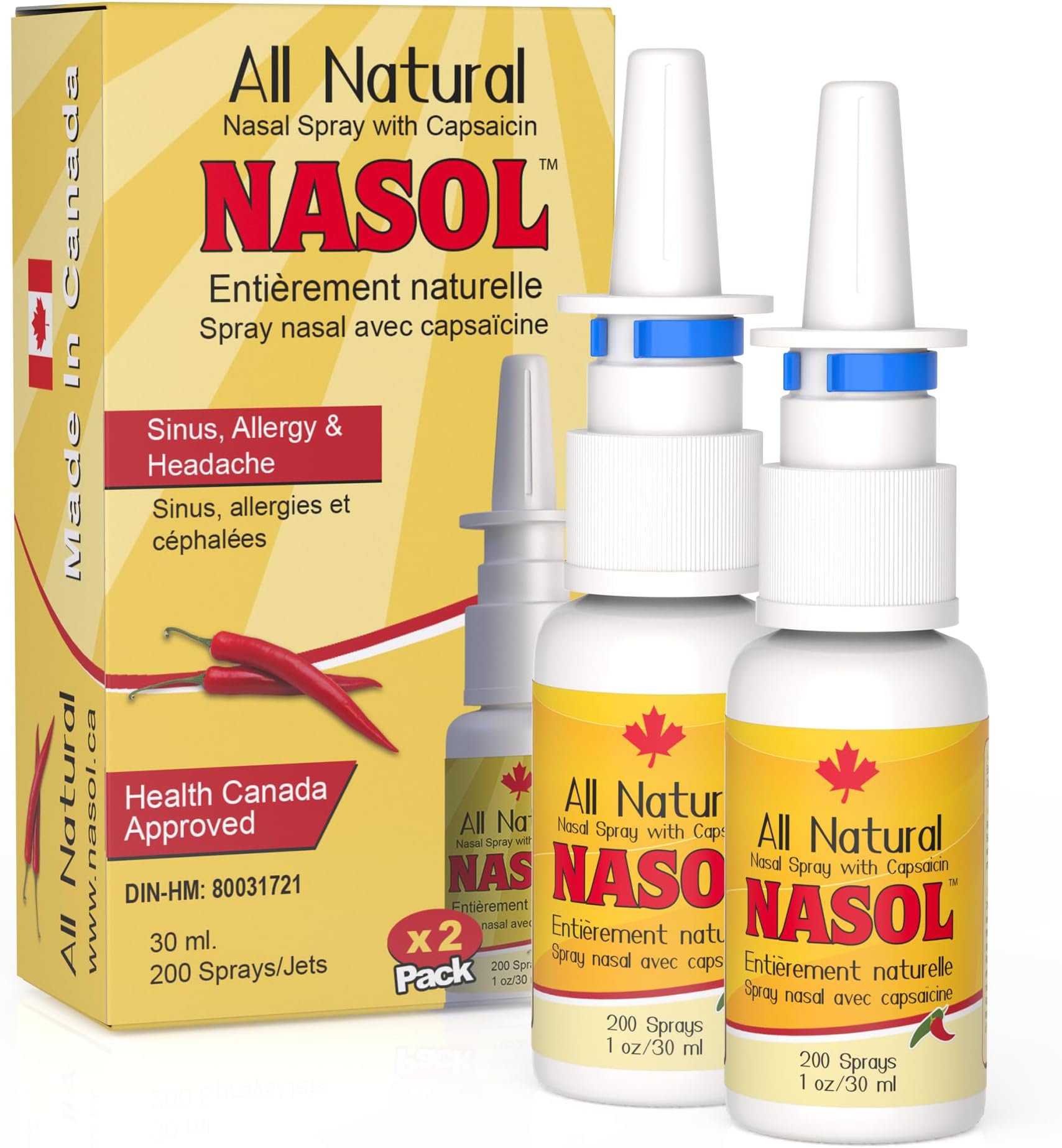 Nasol Natural Nasal Sinus Spray 1oz/30 ml [2 Pack] | Relief from Sinus Pressure, Headaches, Nasal and Sinus Congestion; Relief Begins Almost Instantly!
