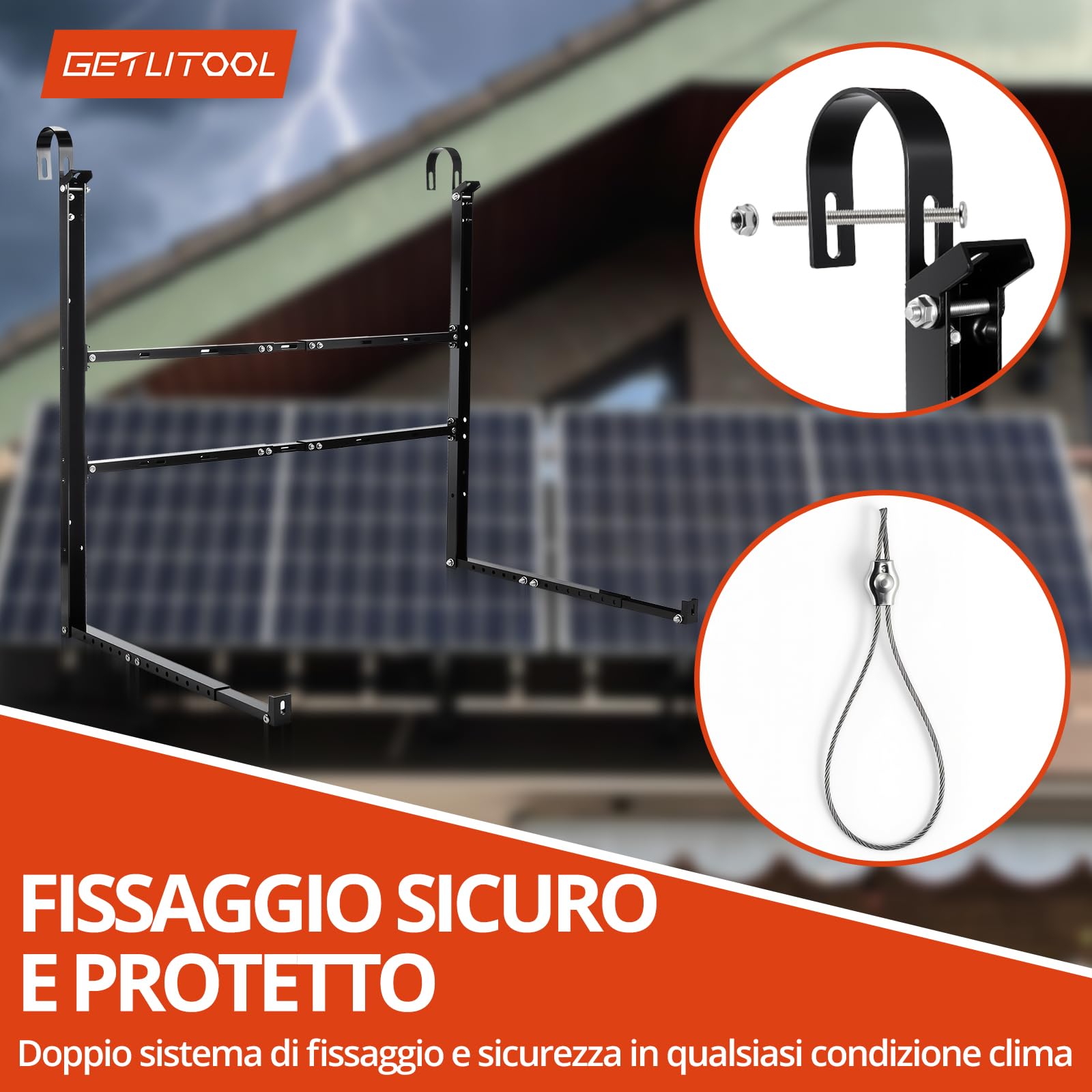 GETLITOOL Soporte Panel Solar 3 en 1 Aluminio Ajustable Balcón Pared Suelo | Ángulo 15-45°, ancho 900-1200mm, para módulo fotovoltaico hasta 1134mm, kit completo montaje balconera