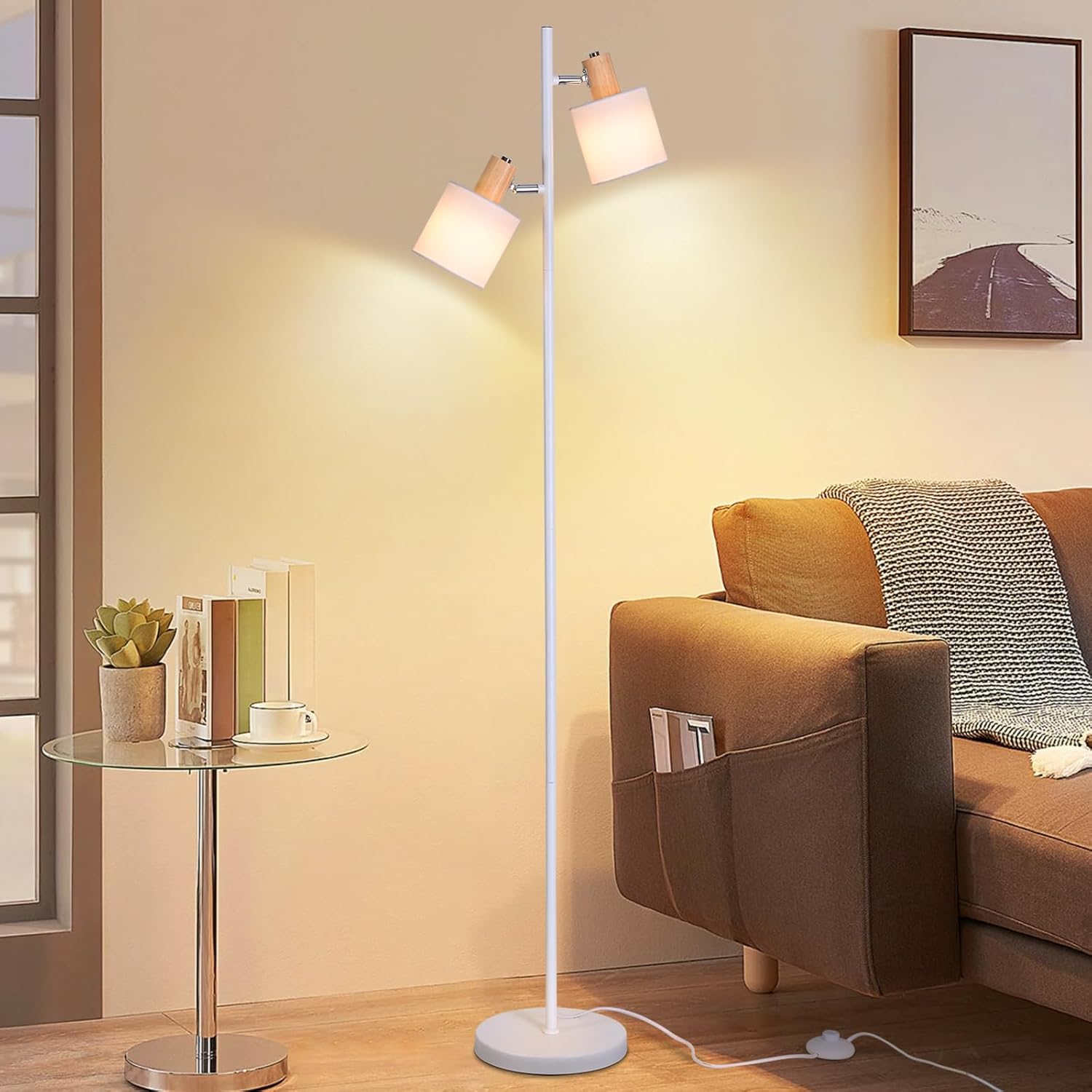 CBJKTX lámpara de pie salón lámpara de pie vintage - 145cm 2 llamas E14 lámpara de pie pantalla de tela blanca con interruptor de pie retro industrial lámpara de dormitorio (sin bombilla)