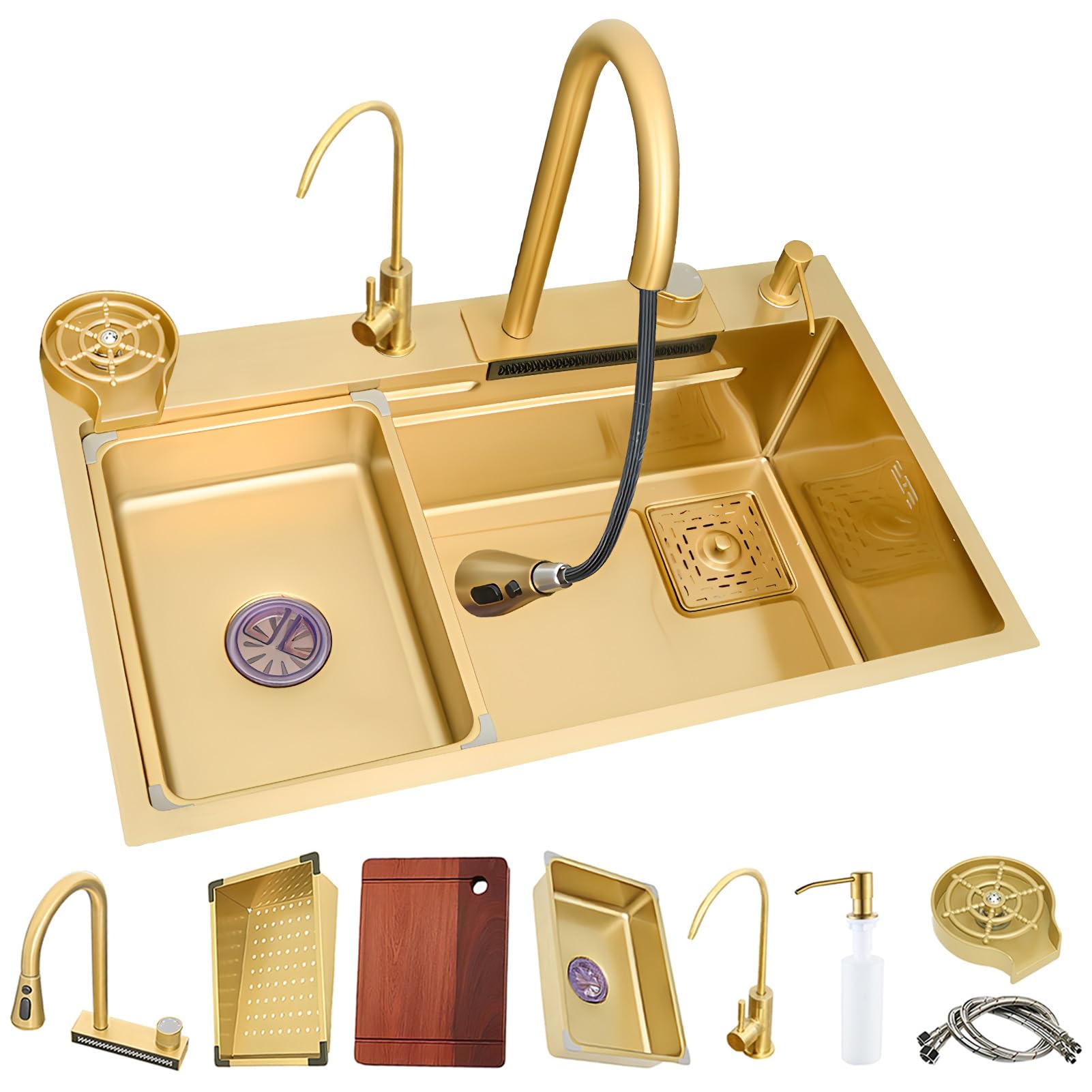 Évier de cuisine multifonction 80x45cm avec bac simple doré et robinet extractible cascade