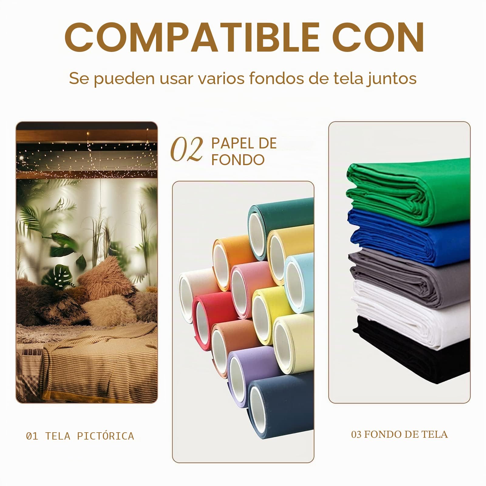 EMART Pared de Fondo de Rodillo, Sistema de Soporte de Fondo Manual de Montaje en Pared,Incluye 3 Rodillos, 2 Ganchos Triples, 6 Varillas Telescópicas, 3 Cadenas, 8 Tornillos de Fijación y 3 Ganchos