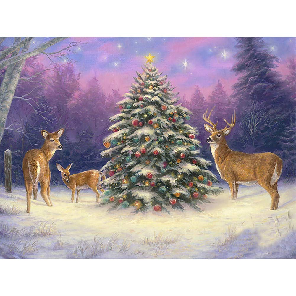 WOWDECOR 5D Diamond Painting Kits, Christmas Tree Deer Animals Full Drill DIY Diamond Art Cross Stitch Paint by Numbers
