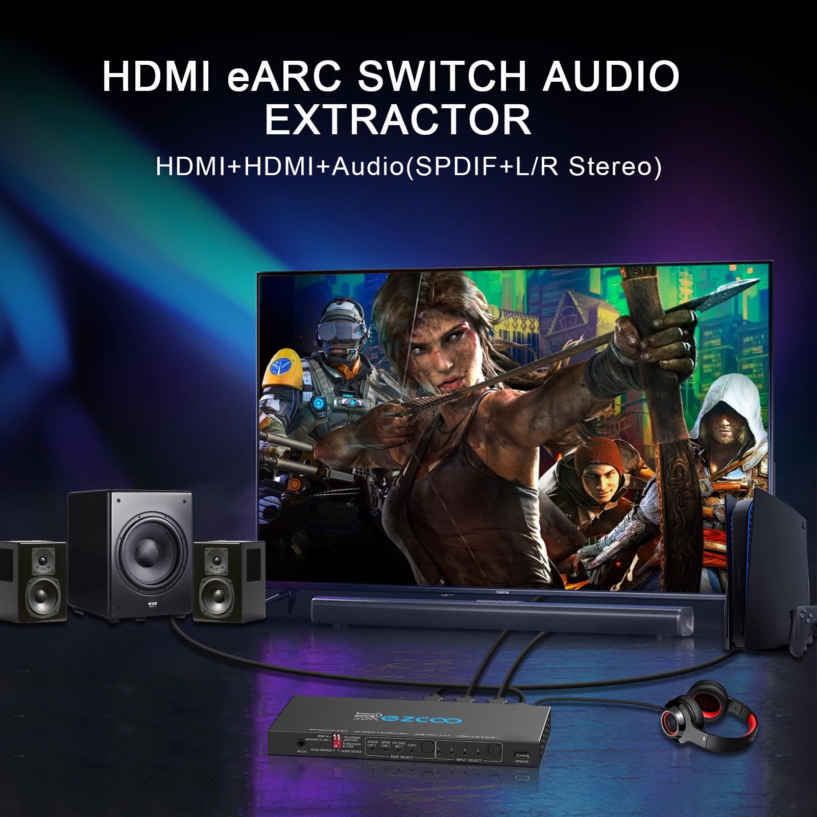 HDMI 2.1 eARC Switch 4K 120Hz 4x1 Estrattore Audio VRR ALLM HDCP2.3 ARC HDR10 Ottico SPDIF Ottico e Uscita Audio da 3.5mm, Commutatore HDMI 4 IN 1 OUT Telecomando IR Dolby Digital EDID per PS5 XBOX NV