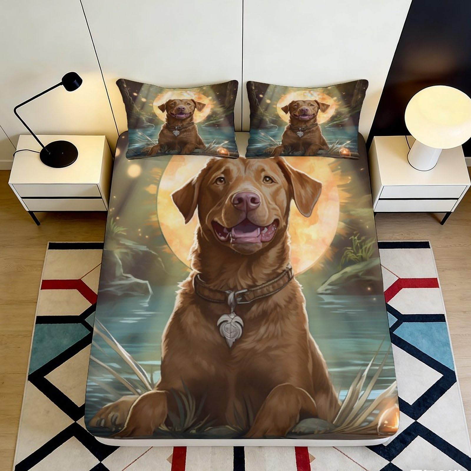 3D Printed Brown Labrador Dog Fitted Sheet Microfiber Soft Anti-Slip Lake Sunset Bed Cover for Bedroom Decor 90x200x25cm