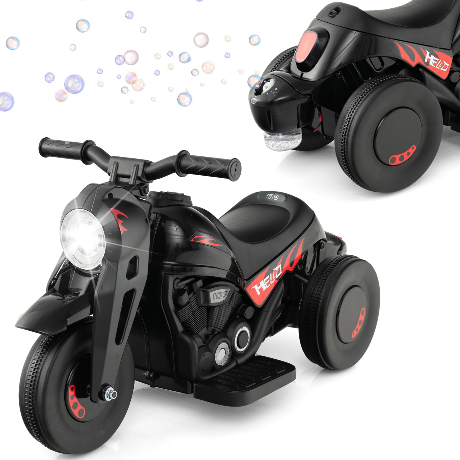 COSTWAY 6V Kids Ride on Motorcycle, Electric Toy Car with Bubble Maker, LED Headlight, Forward & Backward Switch, Battery Powered Motorbike for Boys Girls (Black)
