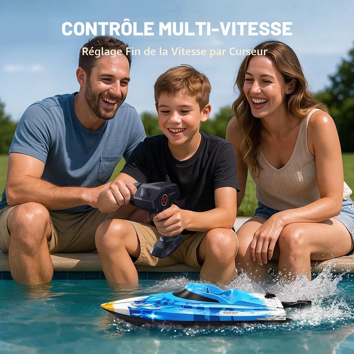 Bateau télécommandé RC 25 km/h étanche 2.4 GHz avec refroidissement par eau, LED, retournement automatique, alarme batterie et portée, 2 batteries incluses, pour enfants et adultes, piscine et lac