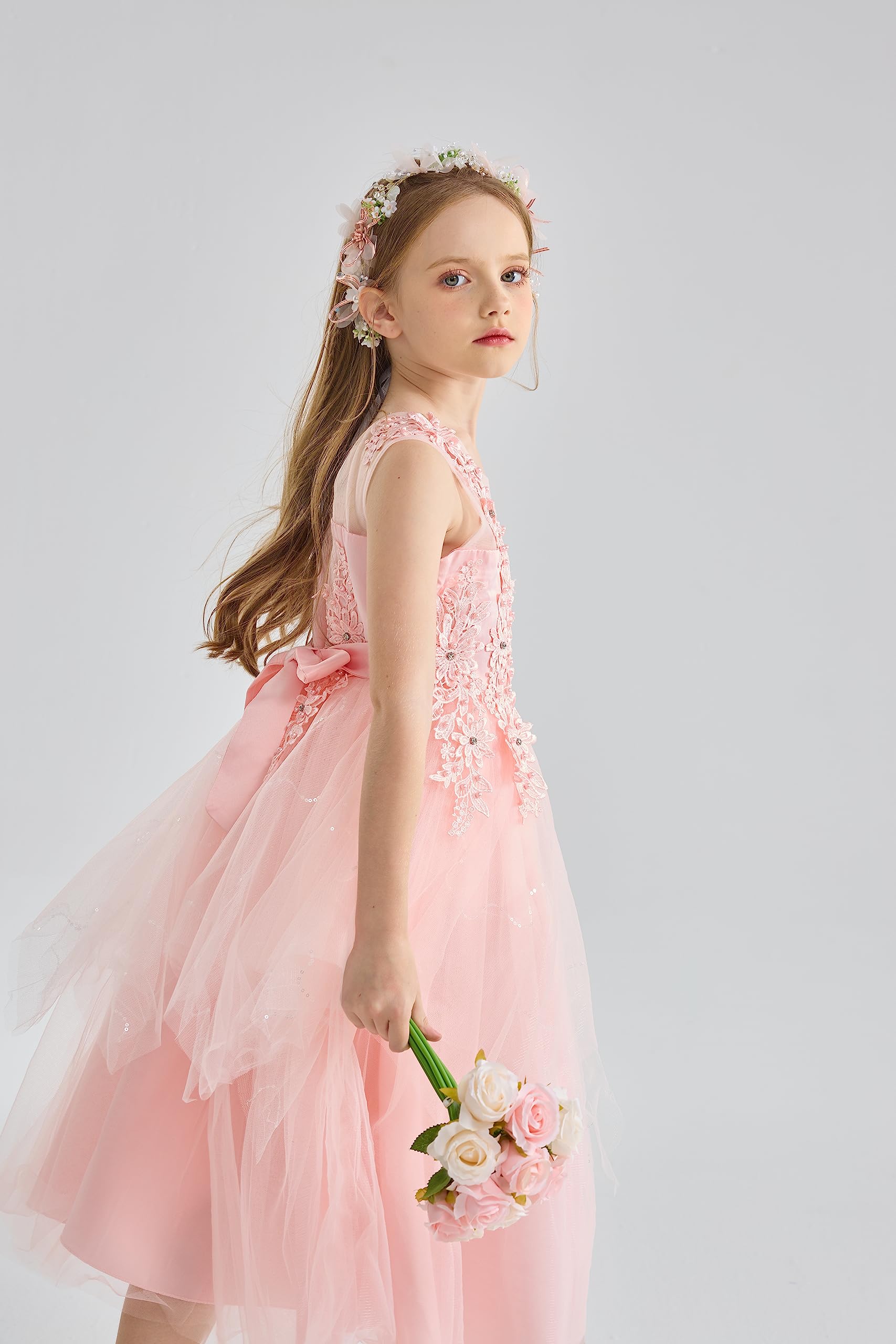 LOLANTA Vestito Cerimonia Bambina, Abito Fiori Prima Comunione Bambine, Vestiti da Ballo in Tulle di Pizzo Eleganti, Abito in Pizzo Floreale