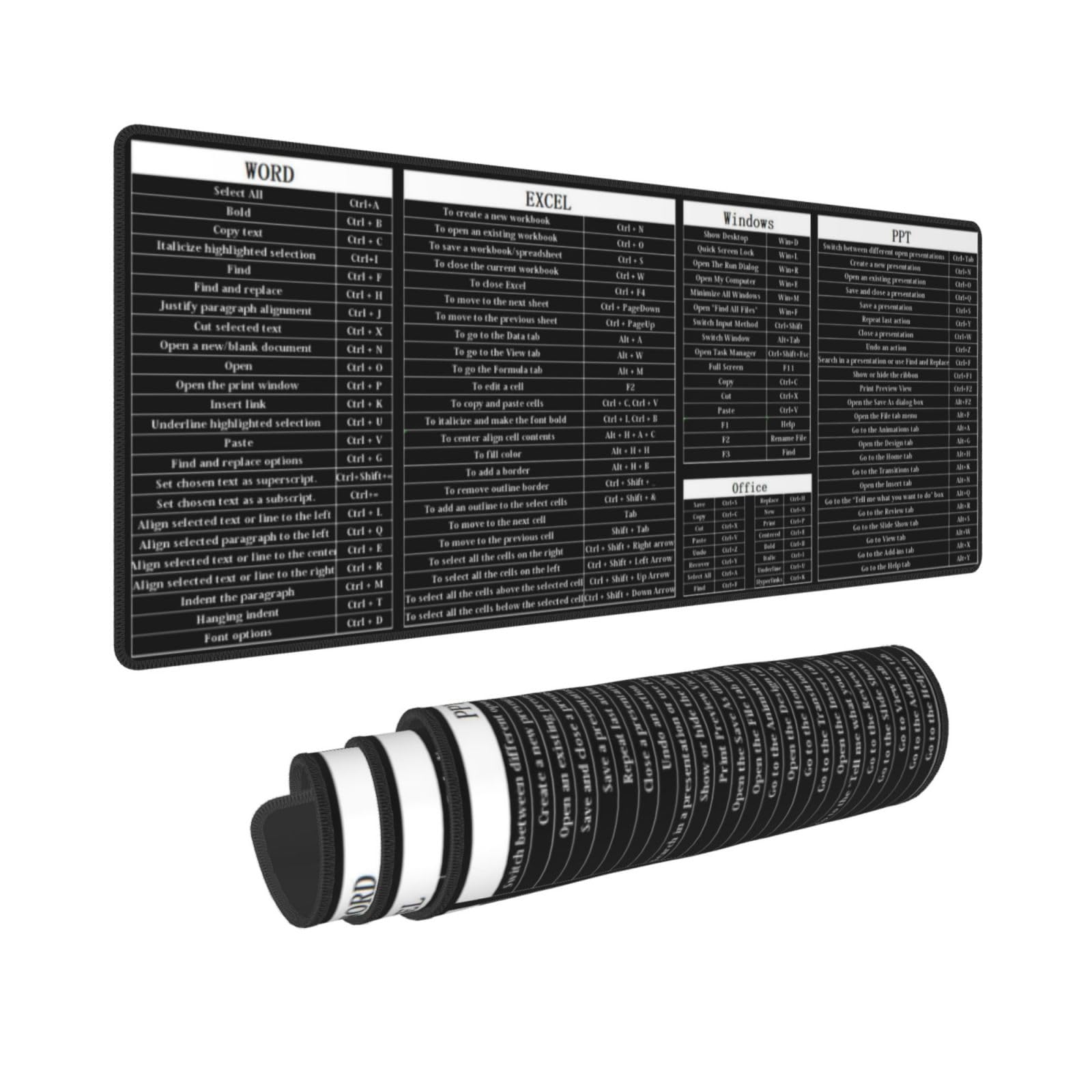 Alfombrilla de ratón para teclado y mouse para computadora, punto de poder, Excel, teclas de atajo, teclado para juegos, alfombrilla de escritorio, enorme, XL, borde cosido, suela de goma para oficina