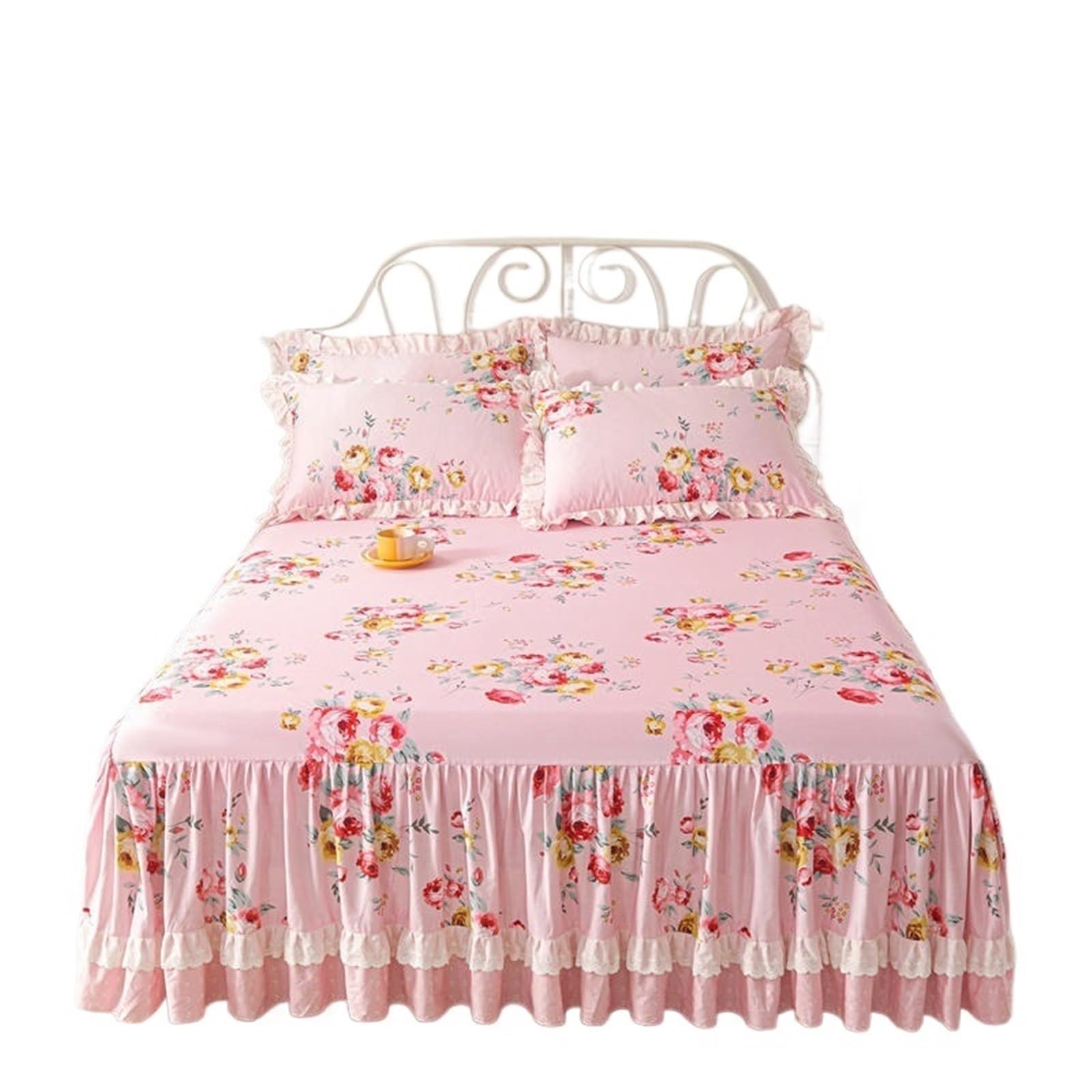 Ruffled Bedspread Princess Bedding Bed Skirt Pillowcases Pink Flowers Printing Cover Ruffle Bedspread Mattress(Color2,1pc 180x220cm)
