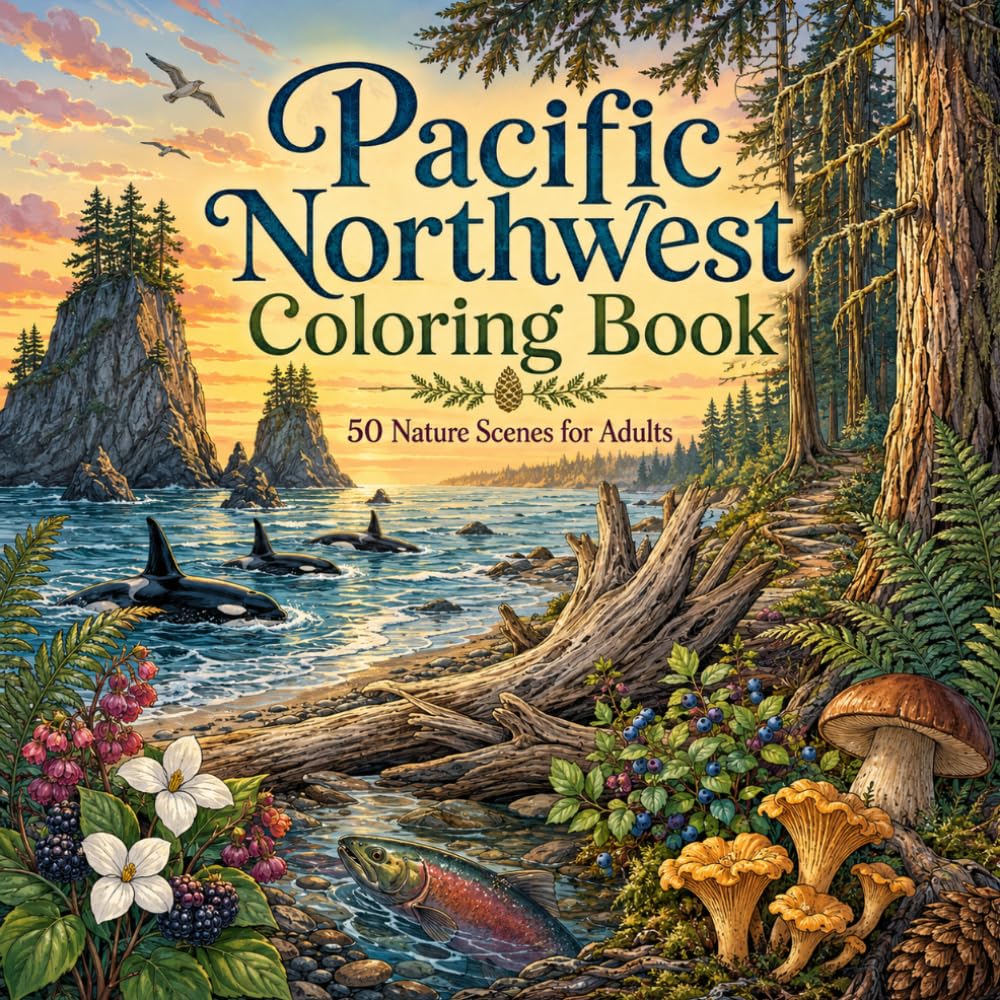 Pacific Northwest Nature Scenes Coloring Book: A Relaxing Adult Coloring Book Featuring Forests, Mountains, Wildlife, Tidepools, and Coastal Landscapes