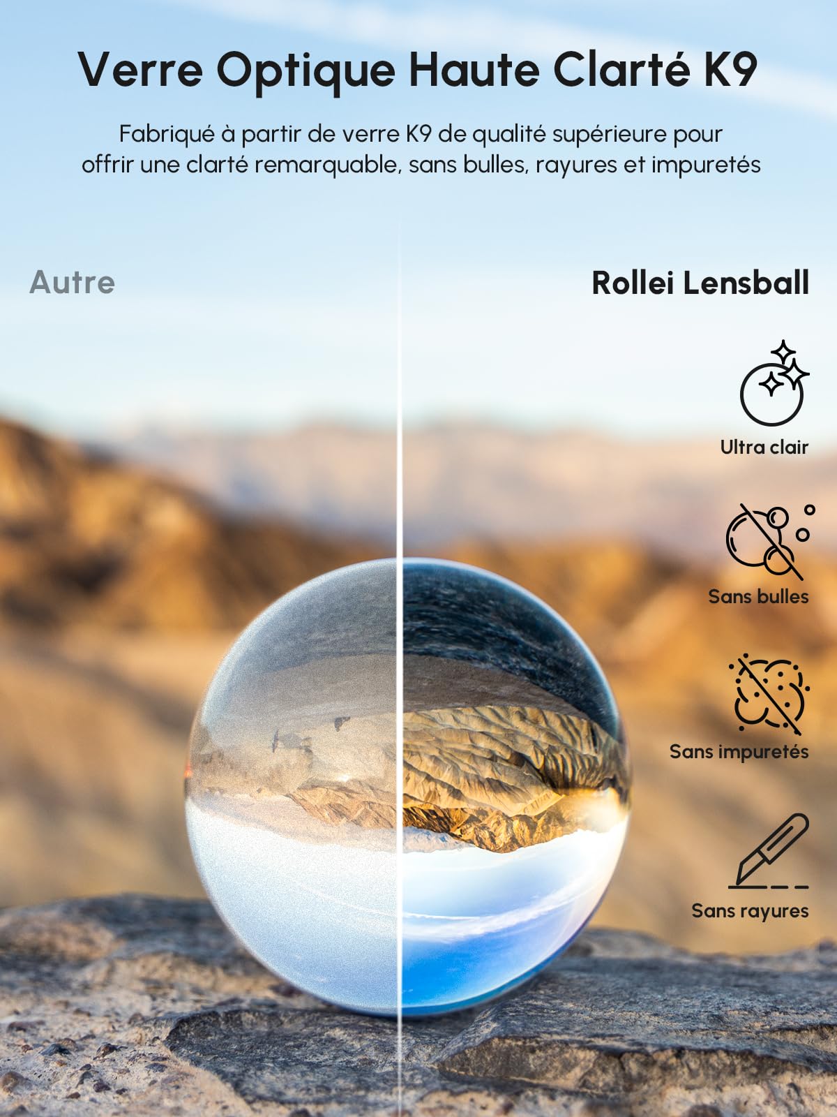 Rollei Lensball 90mm I boule de verre I boule de cristal I boule photo I avec sac de rangement et chiffon de nettoyage en microfibre pour la photographie boule de verre