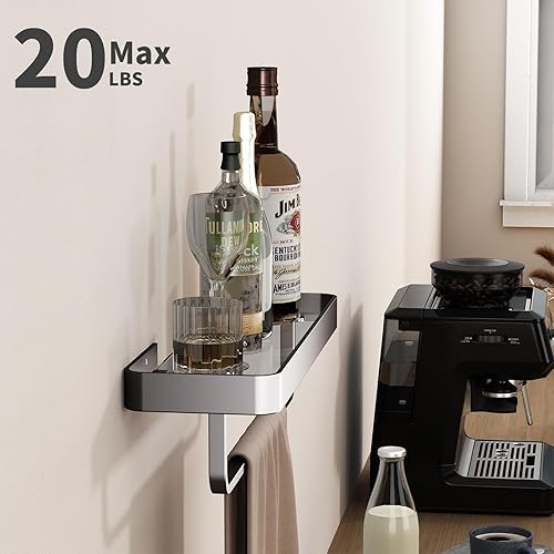 Miniatura 4 de Danpoo Estante de pared de baño, estante flotante negro para organizador de almacenamiento de pared de baño, estante de baño de vidrio con toallero,