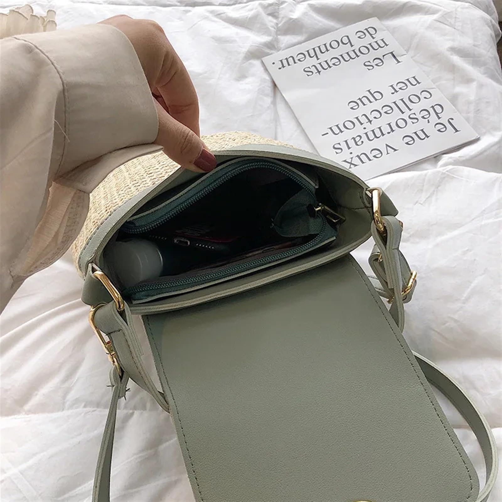 Stroh Handtasche Damen Große Beach Lady Travel Purses and Handbags Casual Chains Straw Bucket Bags Women Summer Messenger Bag Rattan Bags Shoulder Bag Entworfen Für Die Reise Zum Strand Im Urlaub(GREE