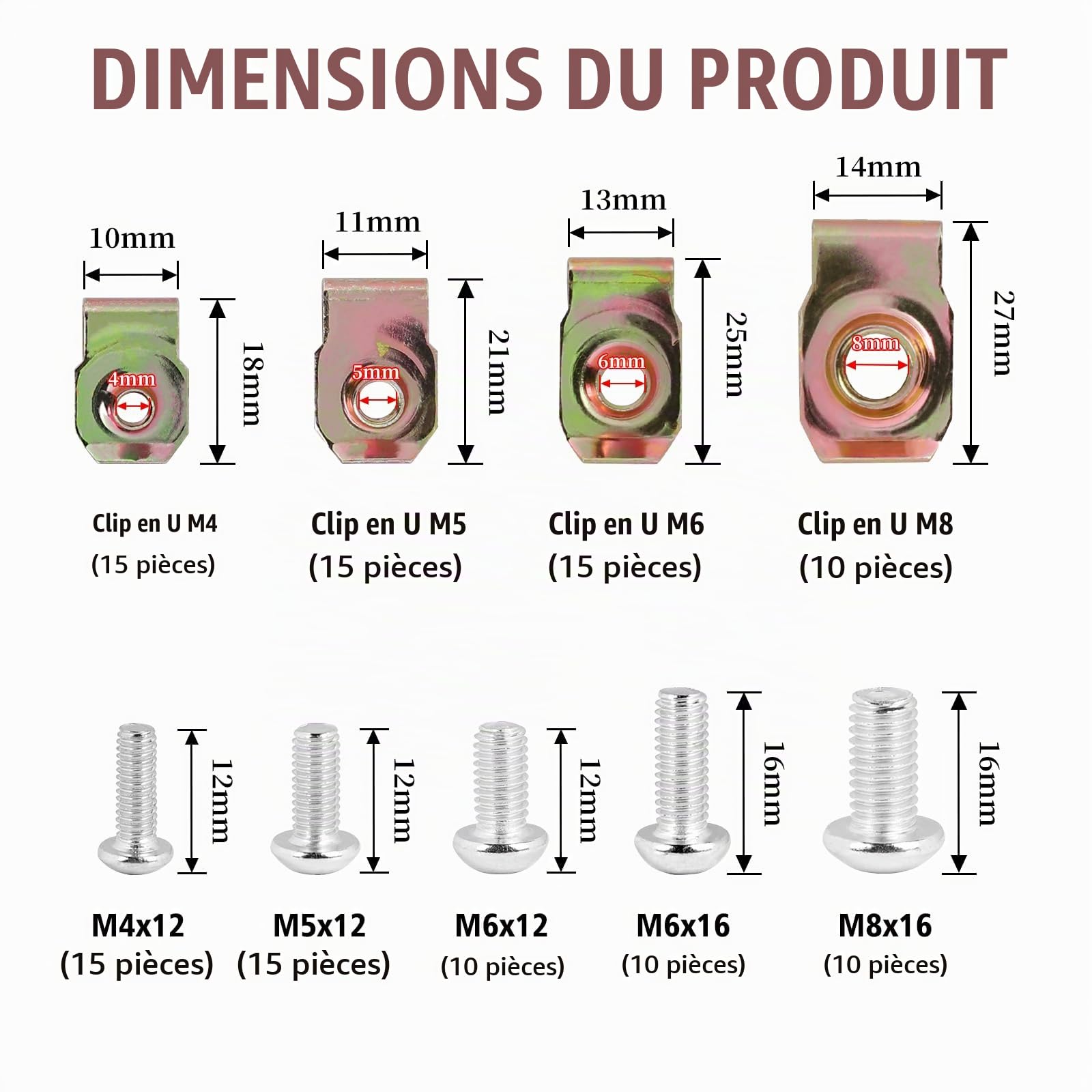 LALAGO Clip à Vis et Écrou de Kit, 115 Pcs M4 M5 M6 M8 de Vis et Écrous de Fixation pour Garde-Boue de Voiture, Écrous Fixation Type U Clips Ecrou, Type U Sous Support de Passage Roue Kit