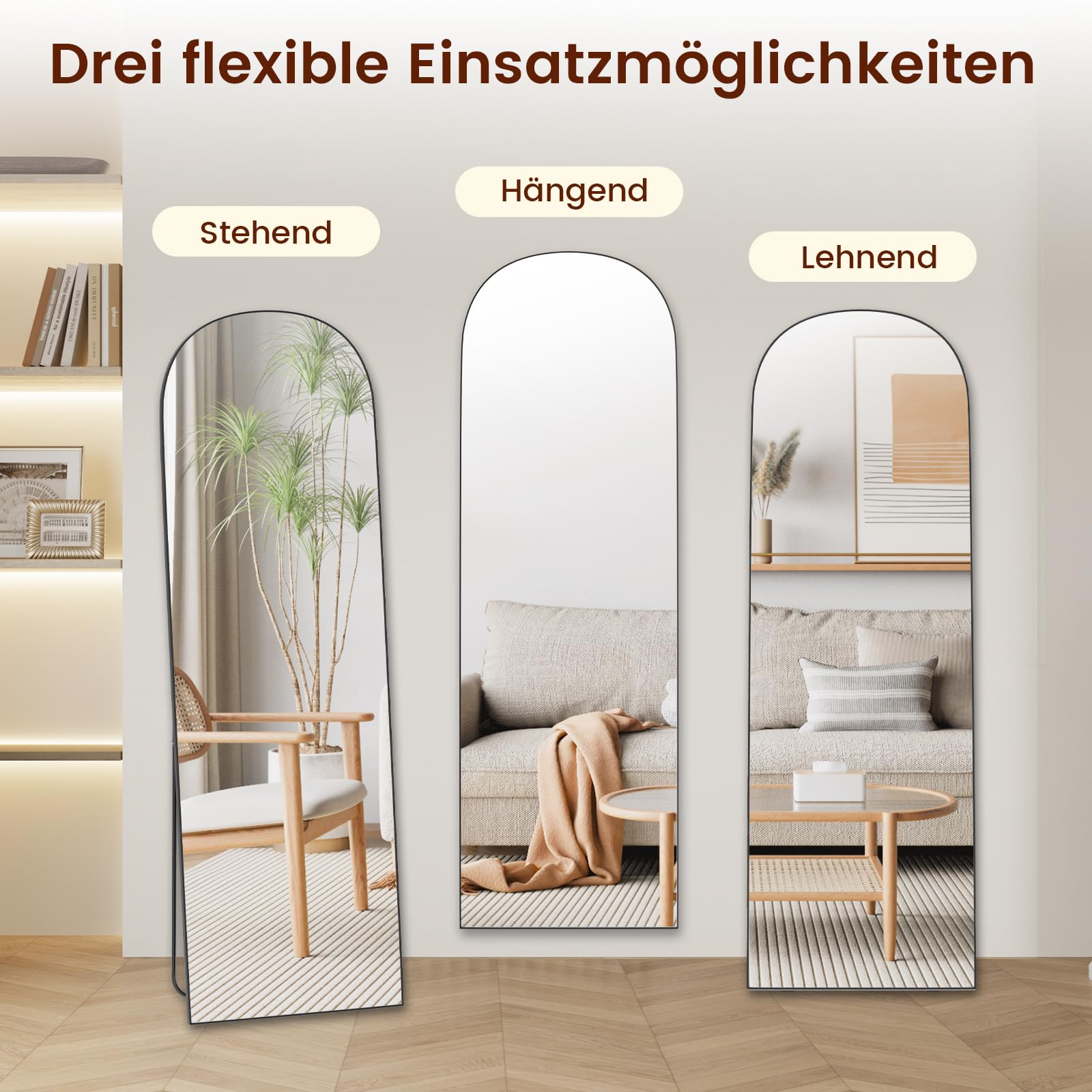 Großer Ganzkörperspiegel, 162 x 52 cm Ganzkörper Standspiegel mit 3 mm Gehärteter Aluminiumspiegel & Aluminiumrahmen, Grosser Wandspiegel Flur Wand mit Ständer, Sichere Verpackung