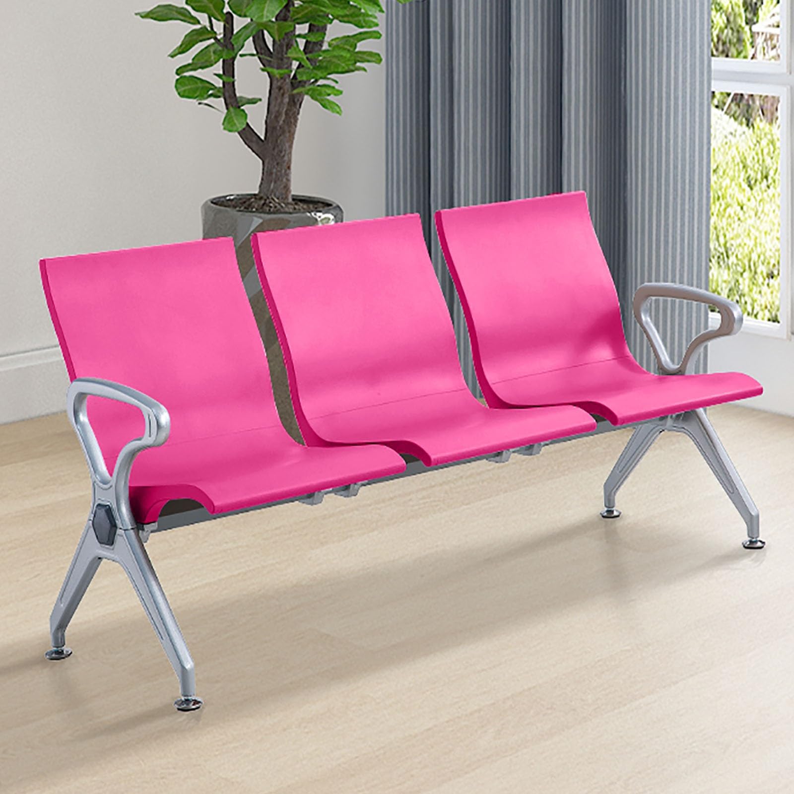 3-Sitzer Kunstleder Wartebank mit Rückenlehne & Armlehnen Voll Geschlossener Balken Elegante Rosa Lounge Sitze für Büro & Wartebereiche