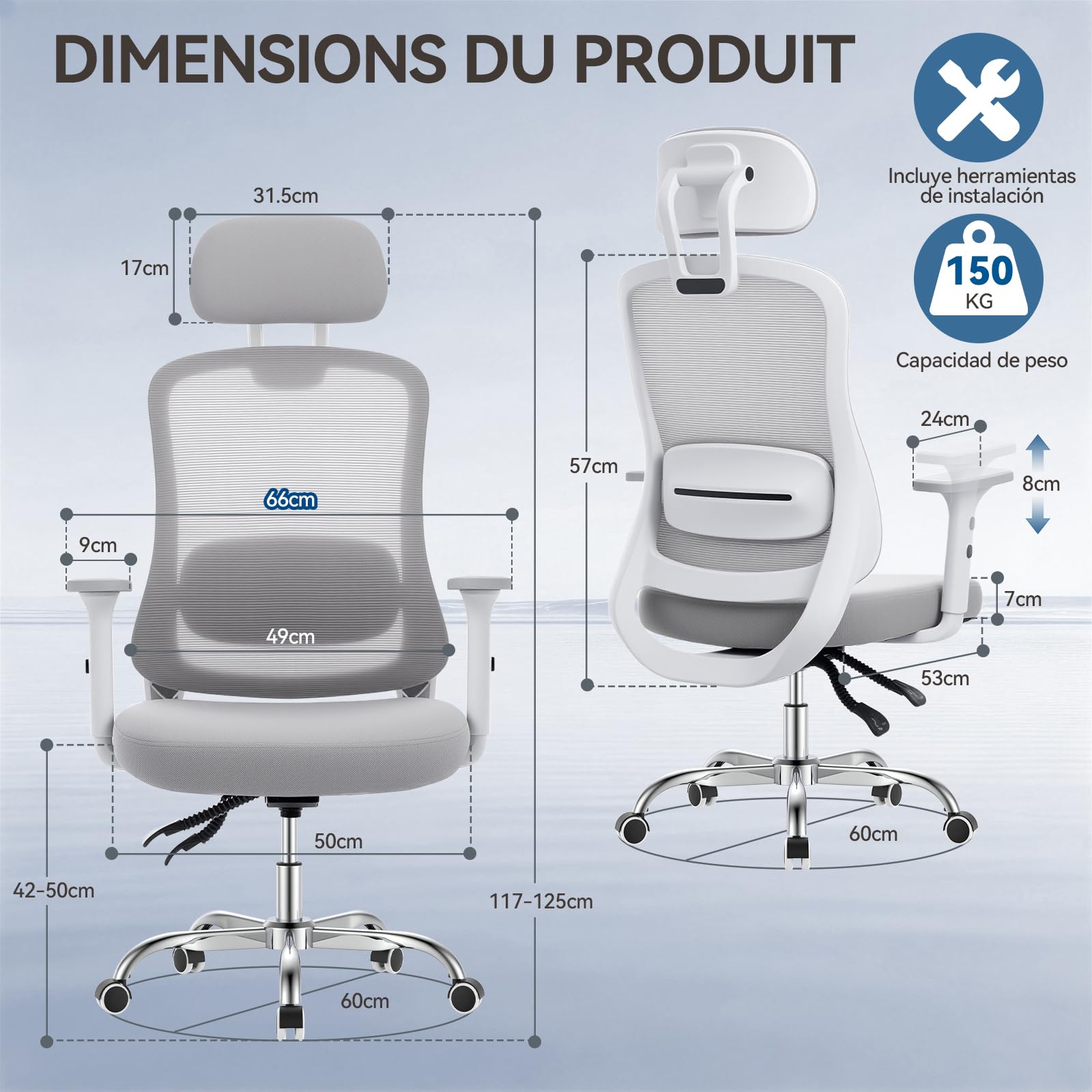 rattantree 150kg Silla Oficina Ergonómica Malla reposabrazos 3D | Respaldo reclinable con cabecero, altura regulable, ruedas silenciosas, apta teletrabajo y gaming, montaje sencillo, gris