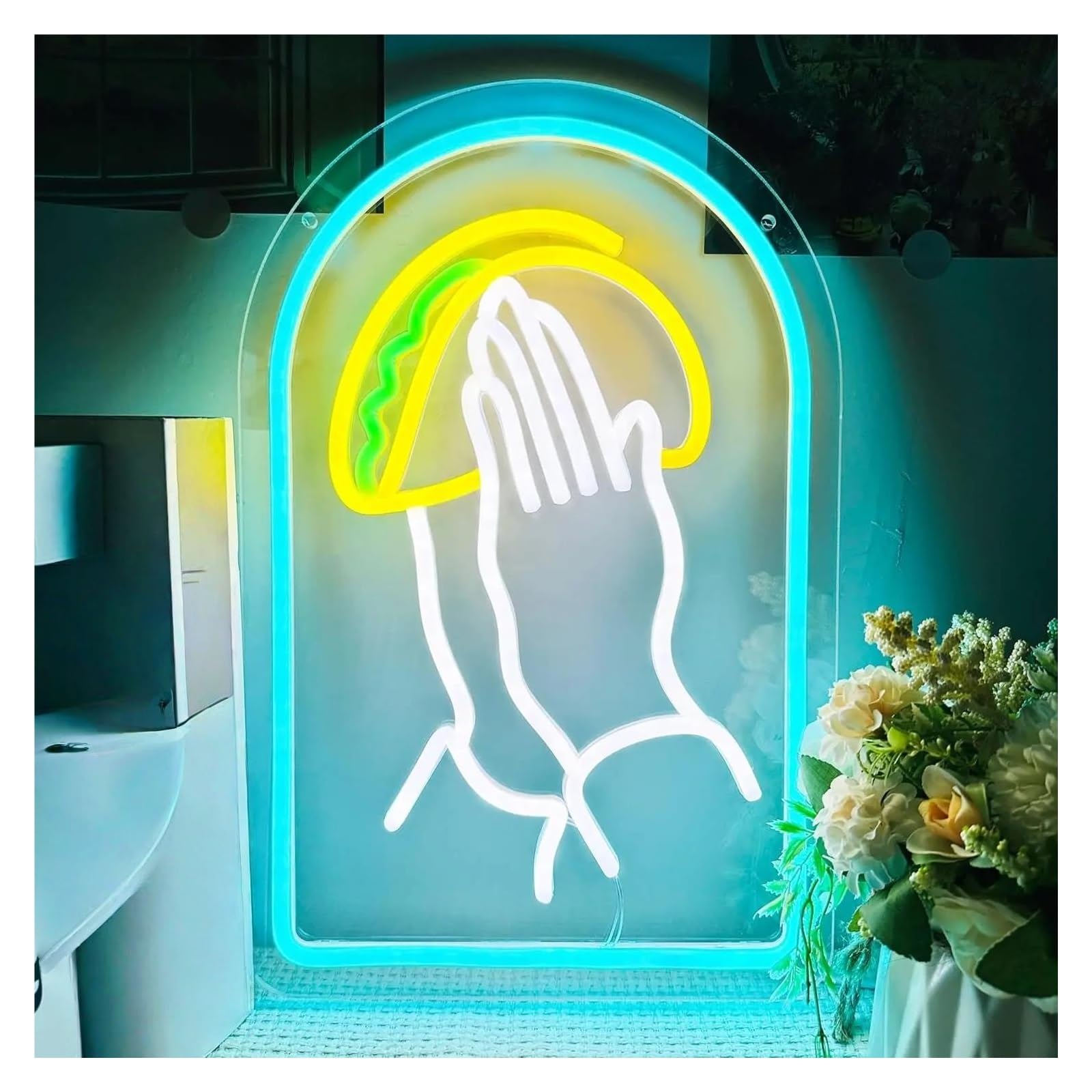 SHOUXI Sign Lamp Praying Hands Holding Tacos Neon Lights for Food Shop Tacos Store Restaurant 25.5x39cm
