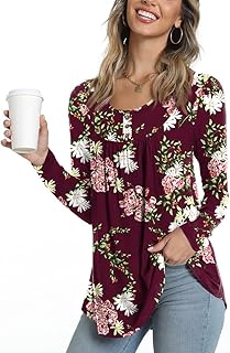 Sponsored Ad - POPYOUNG Casual Long Sleeve Tunic Tops Loose Fit Pleated Fall T-Shirt Blouses for Women