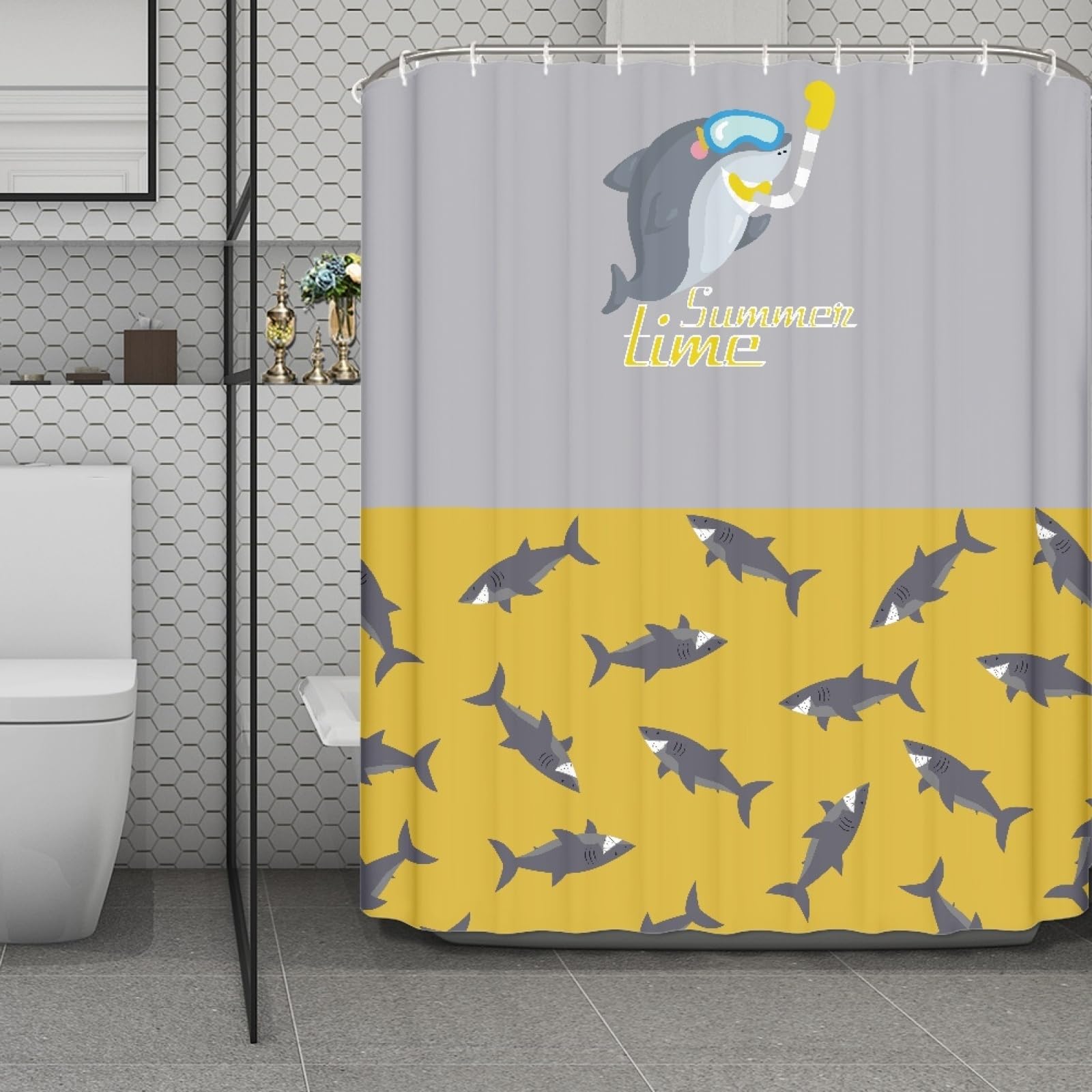 Rideau de douche textile 180x220 de qualité hôtel au motif requin épuré