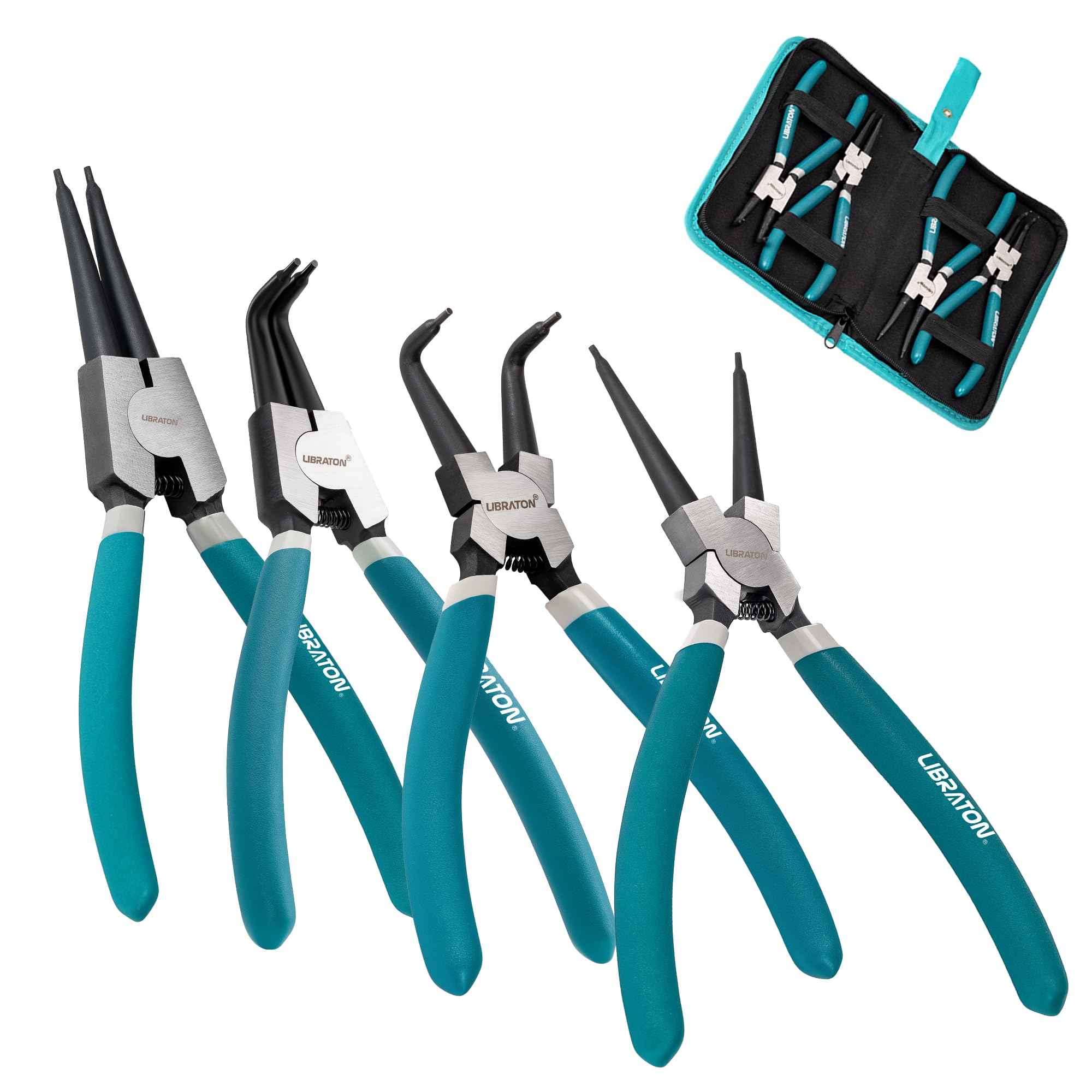 LIBRATON Snap Ring Pliers Set, 7-Inch Heavy Duty Internal/External Circlip Pliers Kit with Straight & Bent Jaw Tips, Spring-Loaded for Retaining Rings